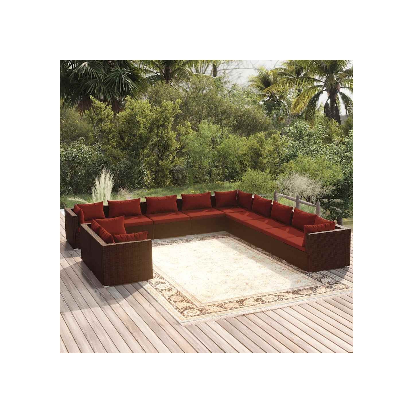 Salon de jardin 11 pcs avec coussins marron résine tressée