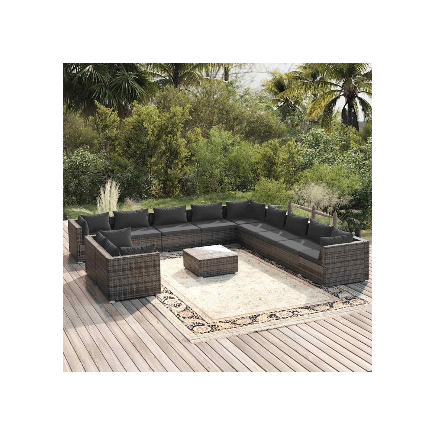 Salon de jardin 12 pcs avec coussins Gris Résine tressée