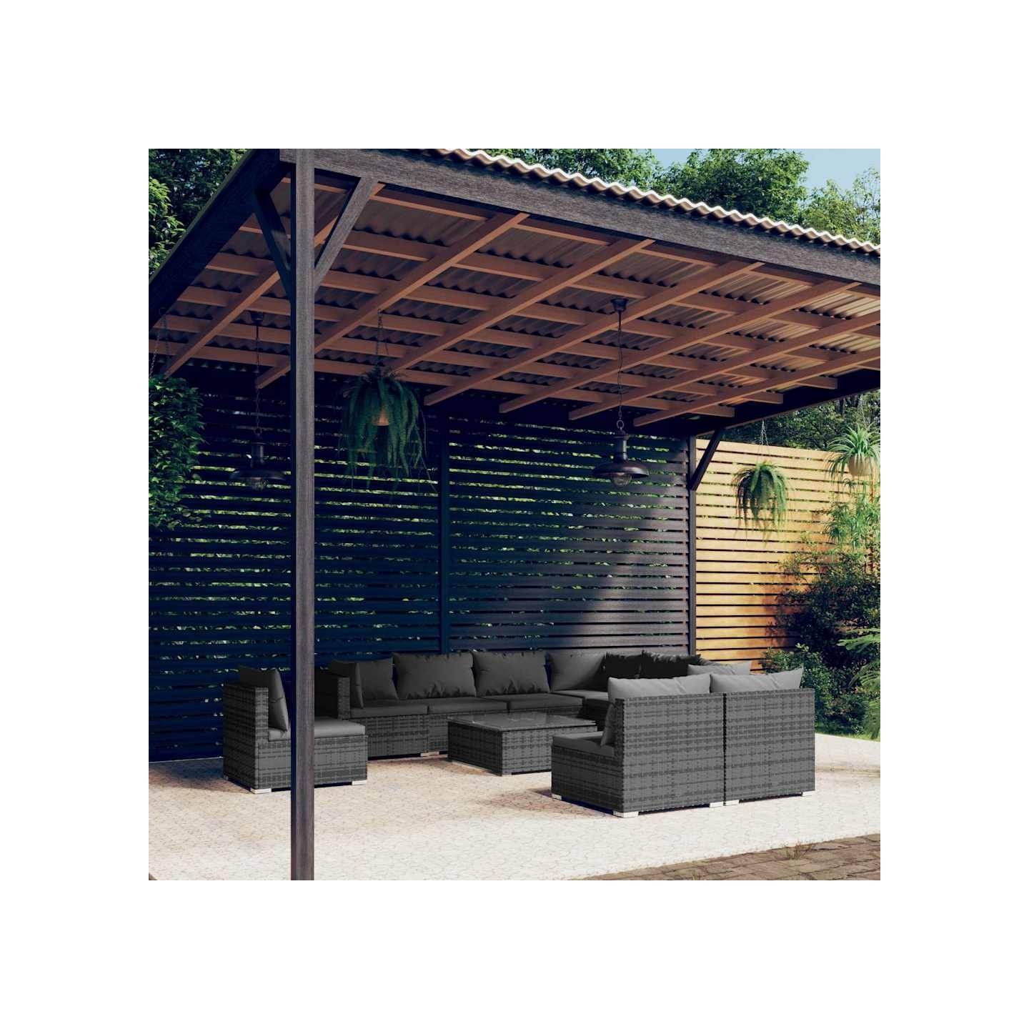 Salon de jardin 10 pcs avec coussins Résine tressée Gris