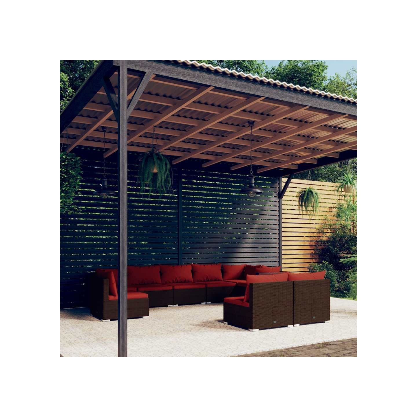 Salon de jardin 9 pcs avec coussins résine tressée marron