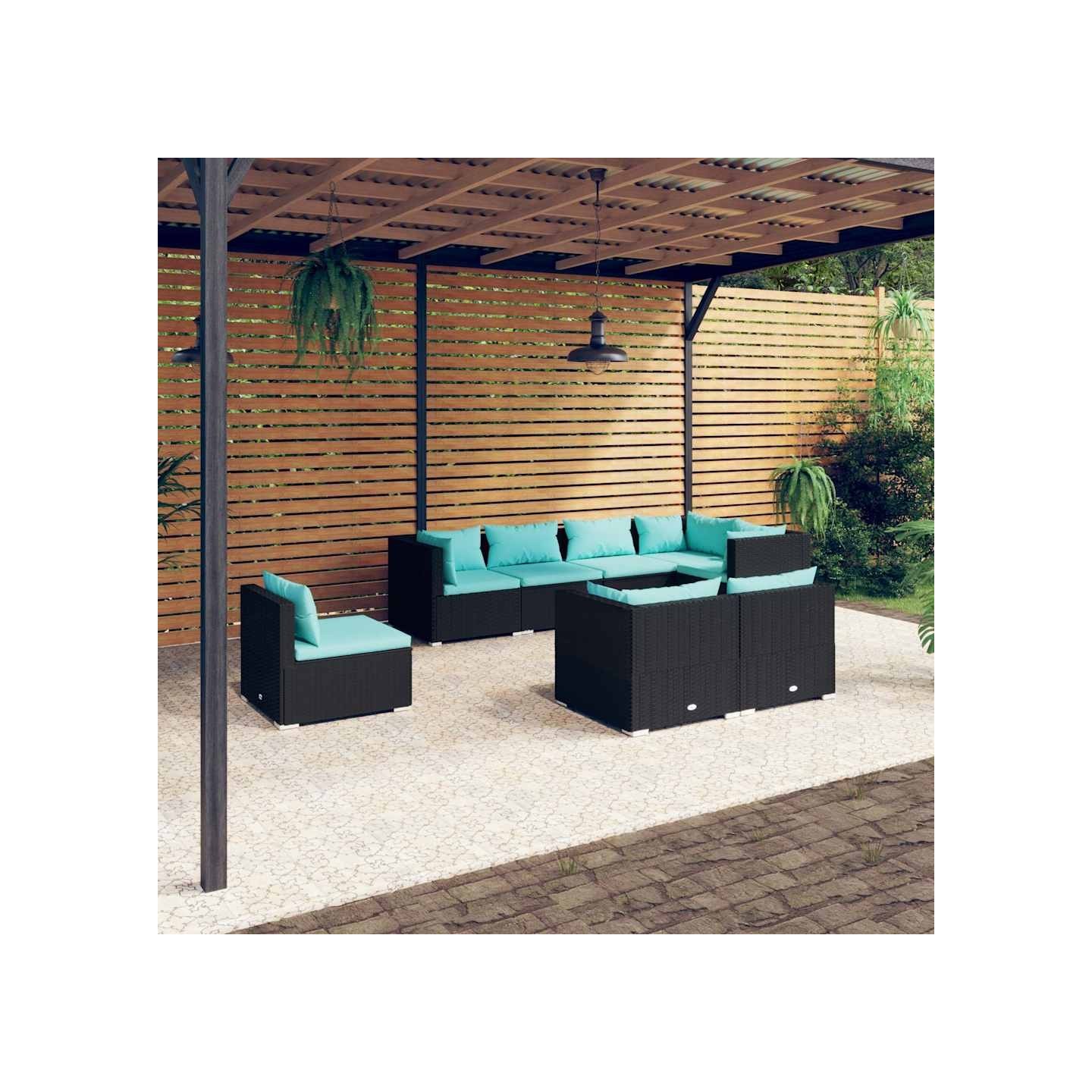 Salon de jardin 8 pcs avec coussins Résine tressée Noir