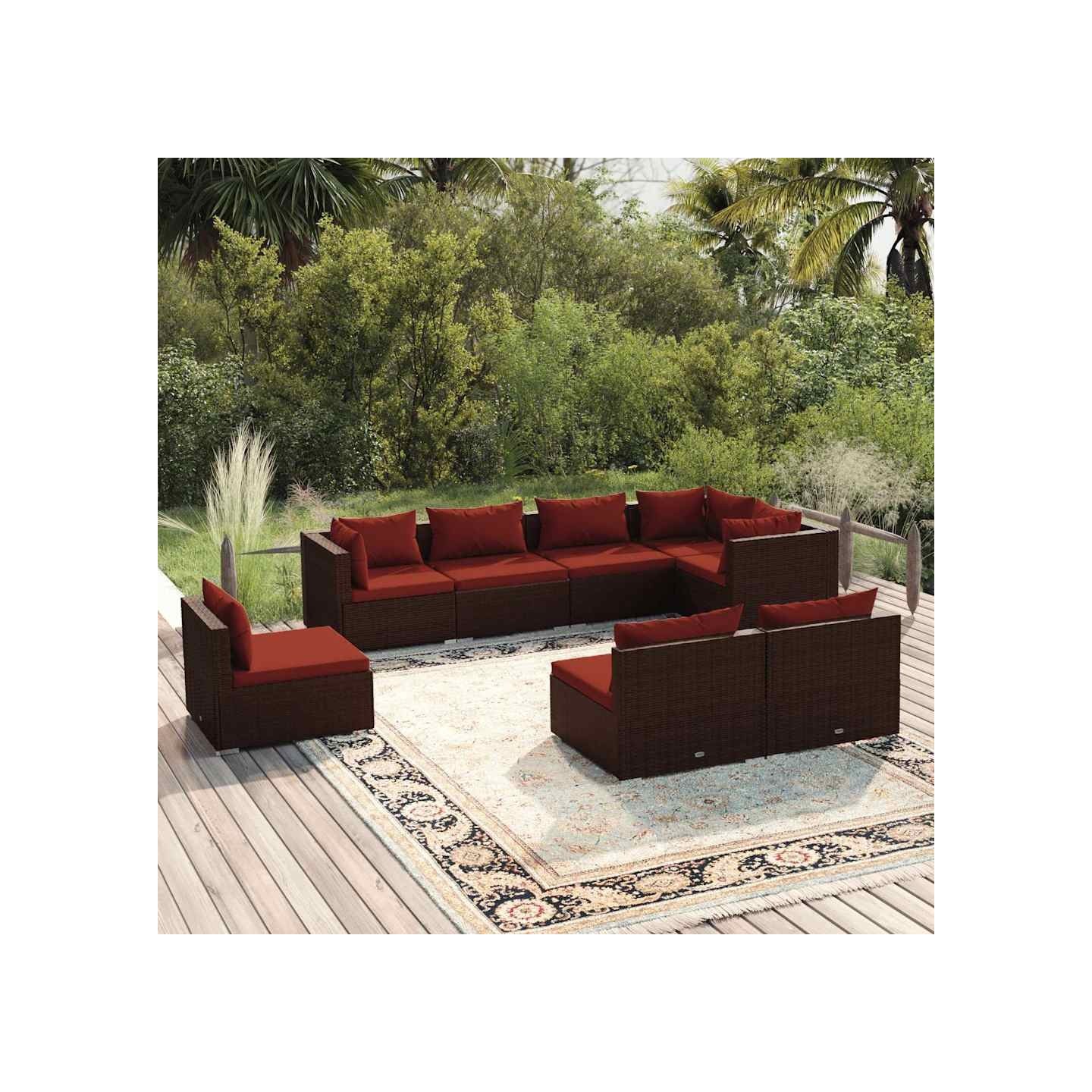 Salon de jardin 8 pcs avec coussins résine tressée marron
