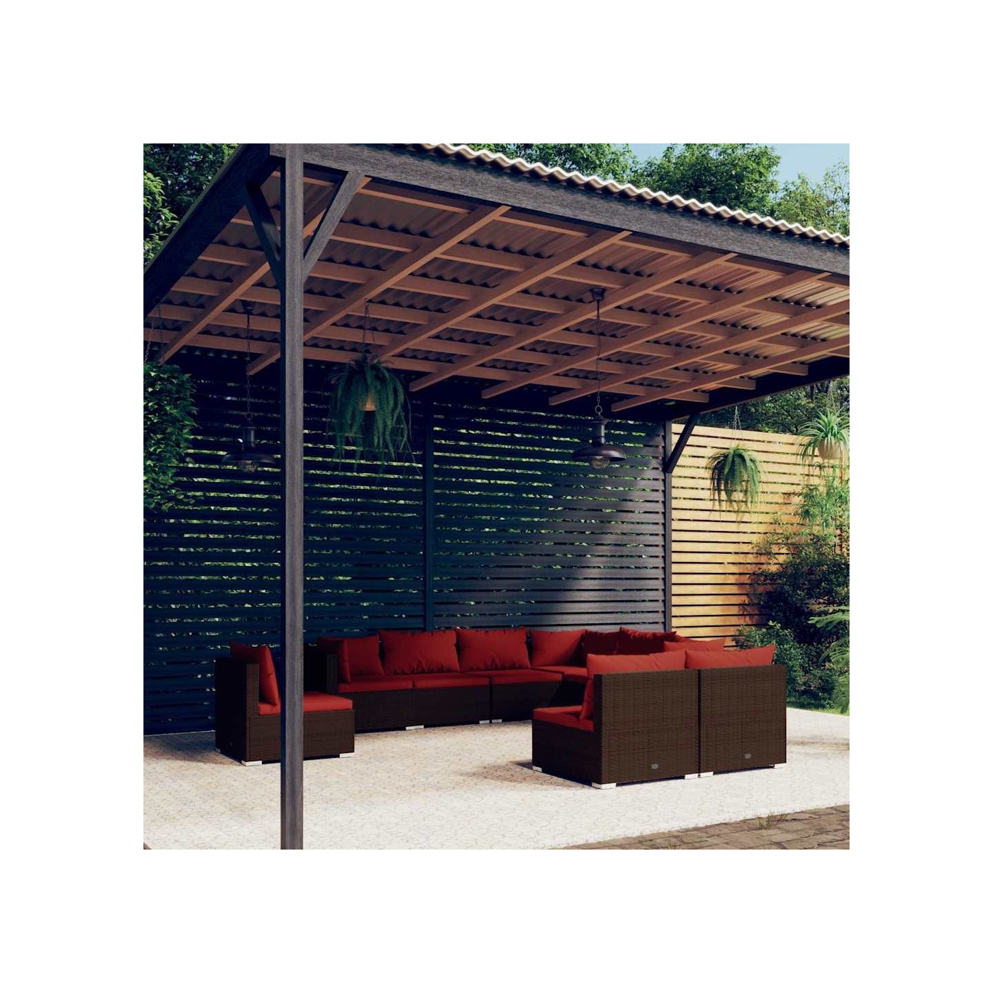 Salon de jardin 9 pcs avec coussins résine tressée marron