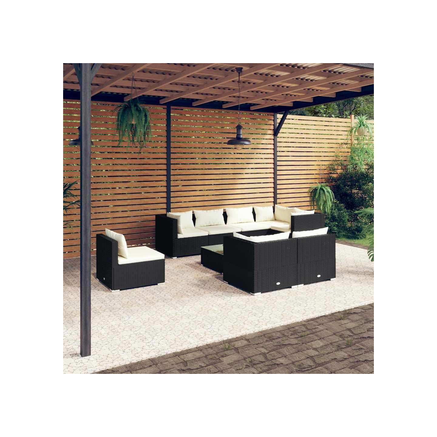 Salon de jardin 9 pcs avec coussins Résine tressée Noir