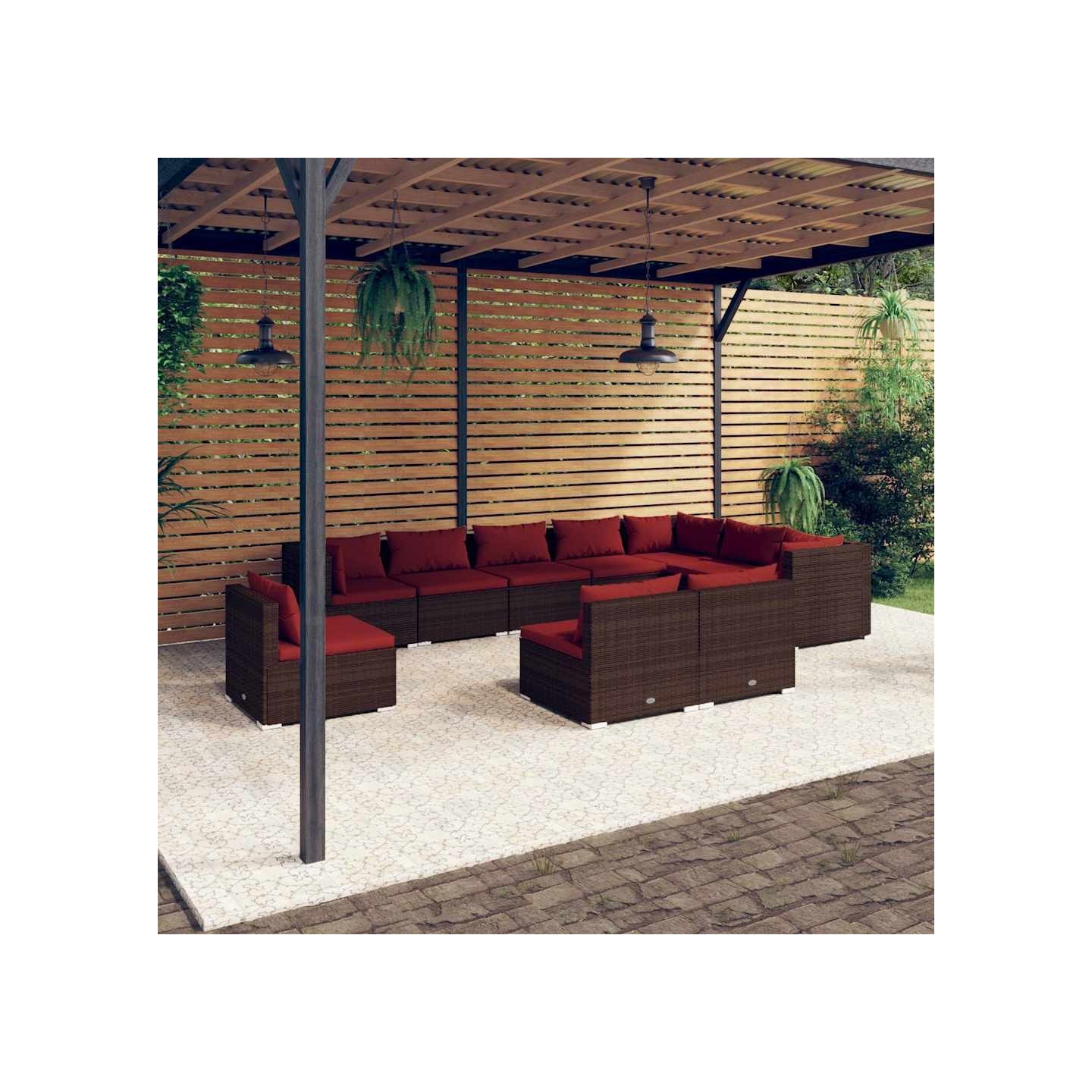 Salon de jardin 10 pcs avec coussins Résine tressée Marron