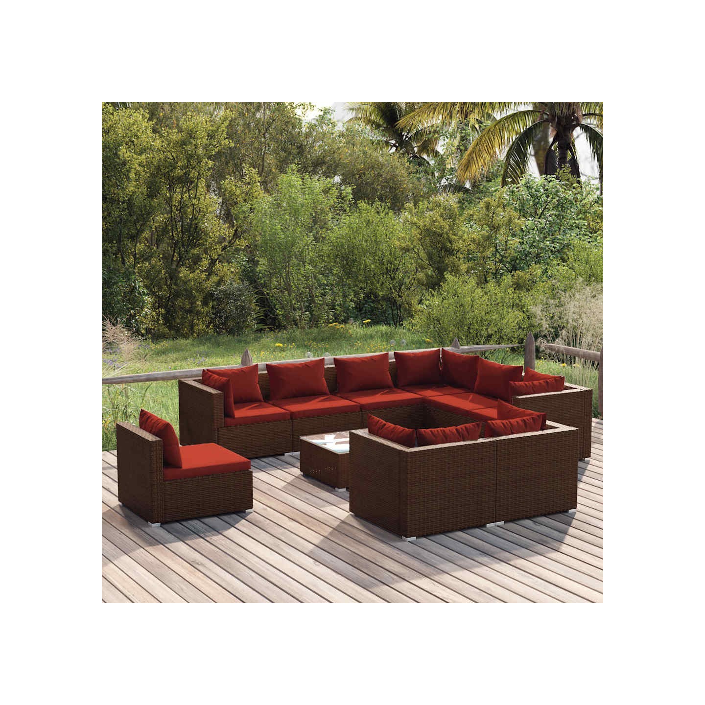 Salon de jardin 10 pcs avec coussins Résine tressée Marron