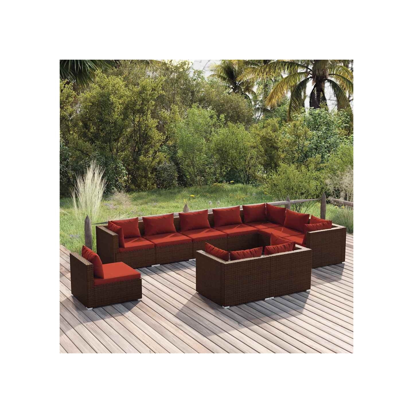 Salon de jardin 10 pcs avec coussins Résine tressée Marron