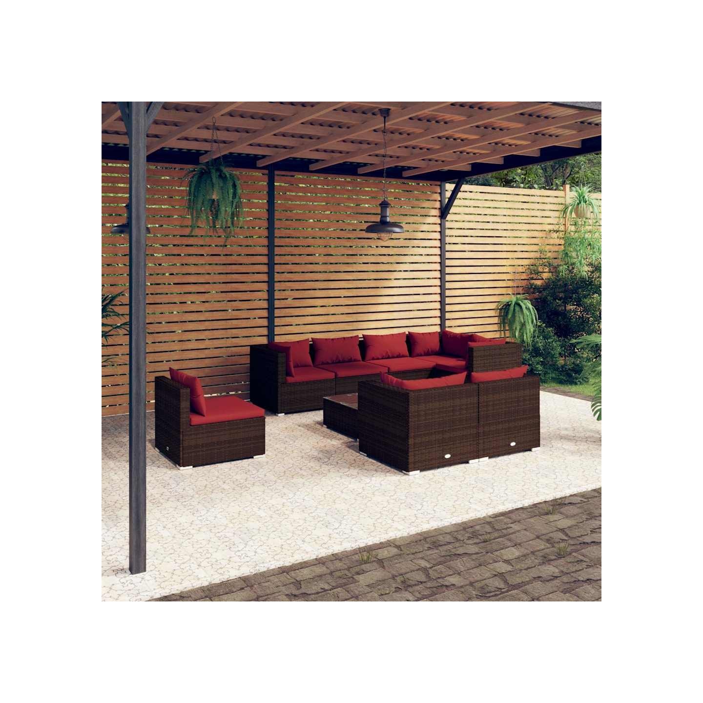 Salon de jardin 9 pcs avec coussins Résine tressée Marron