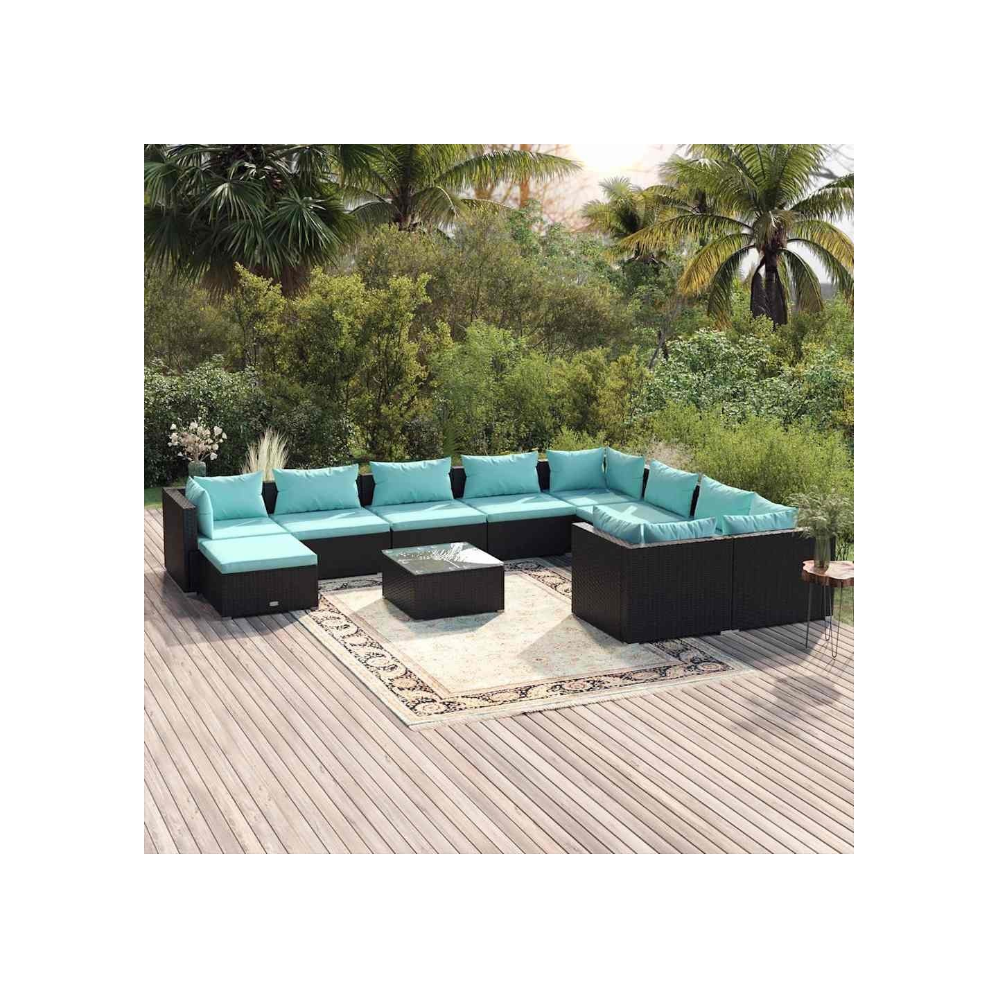 Salon de jardin 11 pcs avec coussins Résine tressée Noir