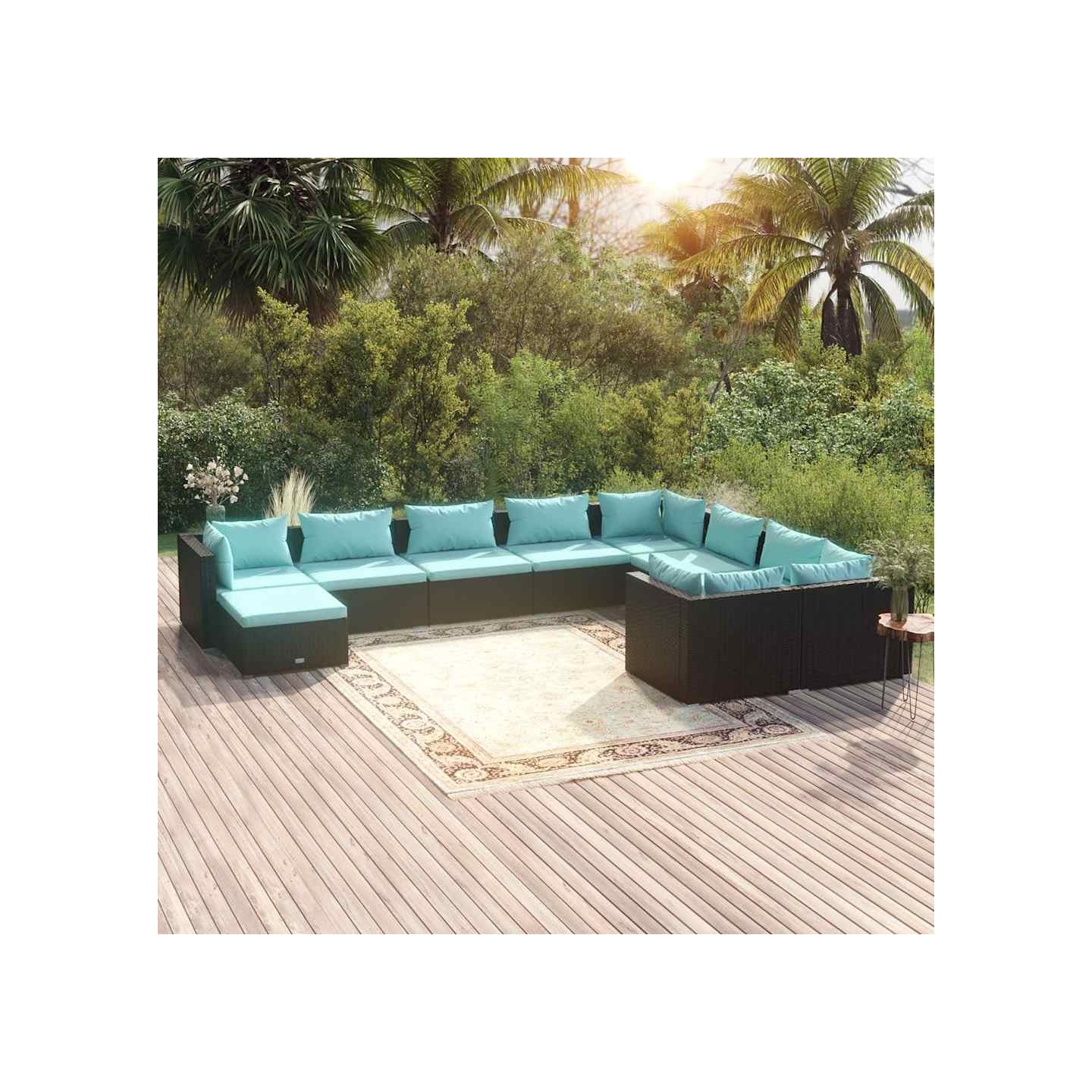 Salon de jardin 10 pcs avec coussins Résine tressée Noir