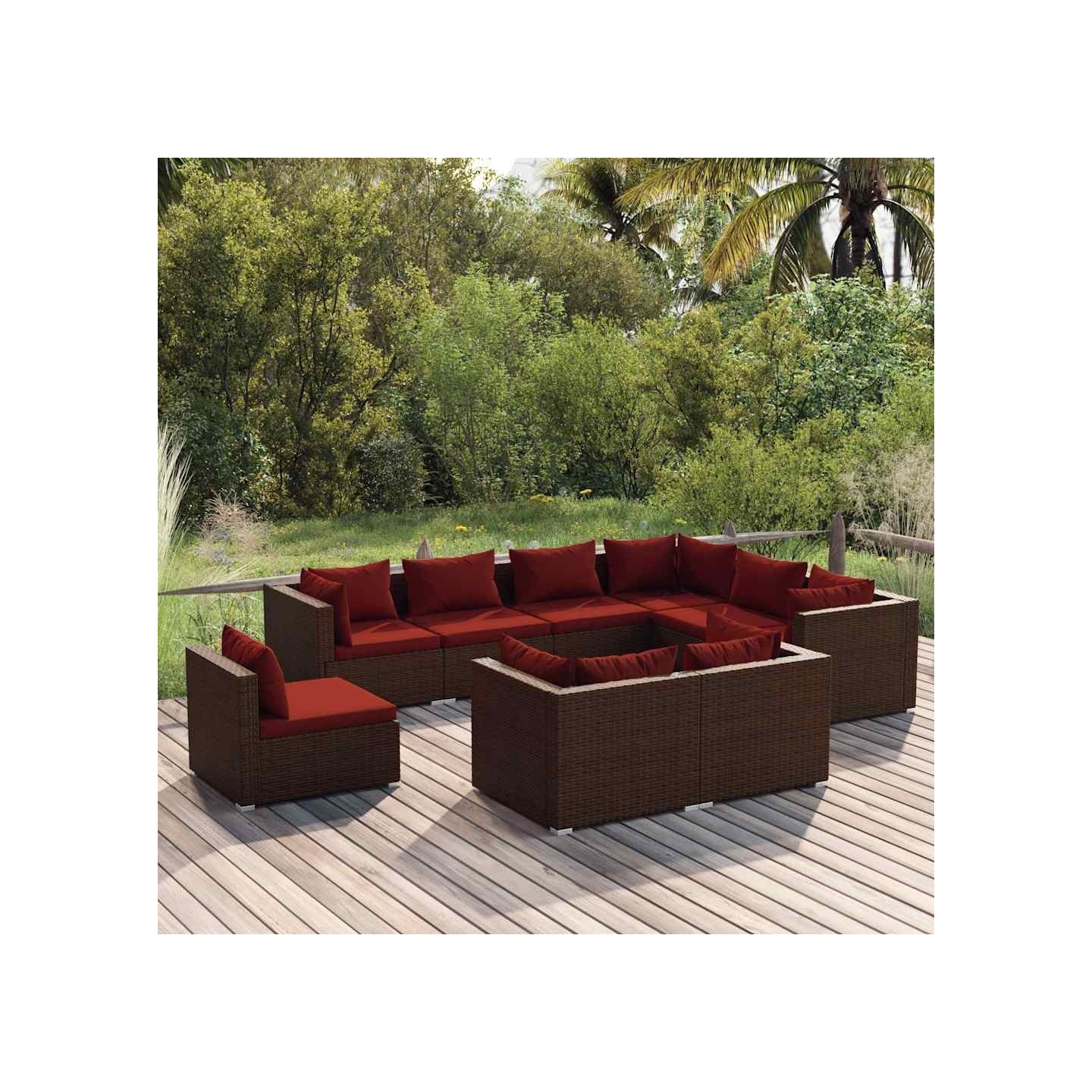Salon de jardin 9 pcs avec coussins Résine tressée Marron