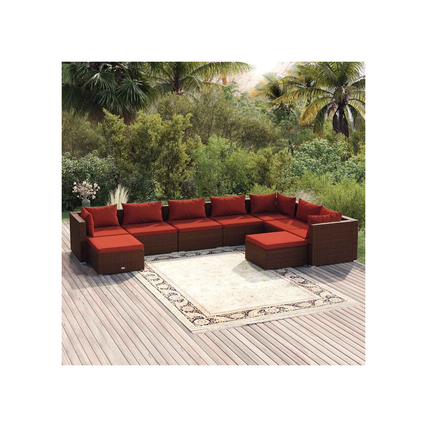 Salon de jardin 9 pcs avec coussins Résine tressée Marron