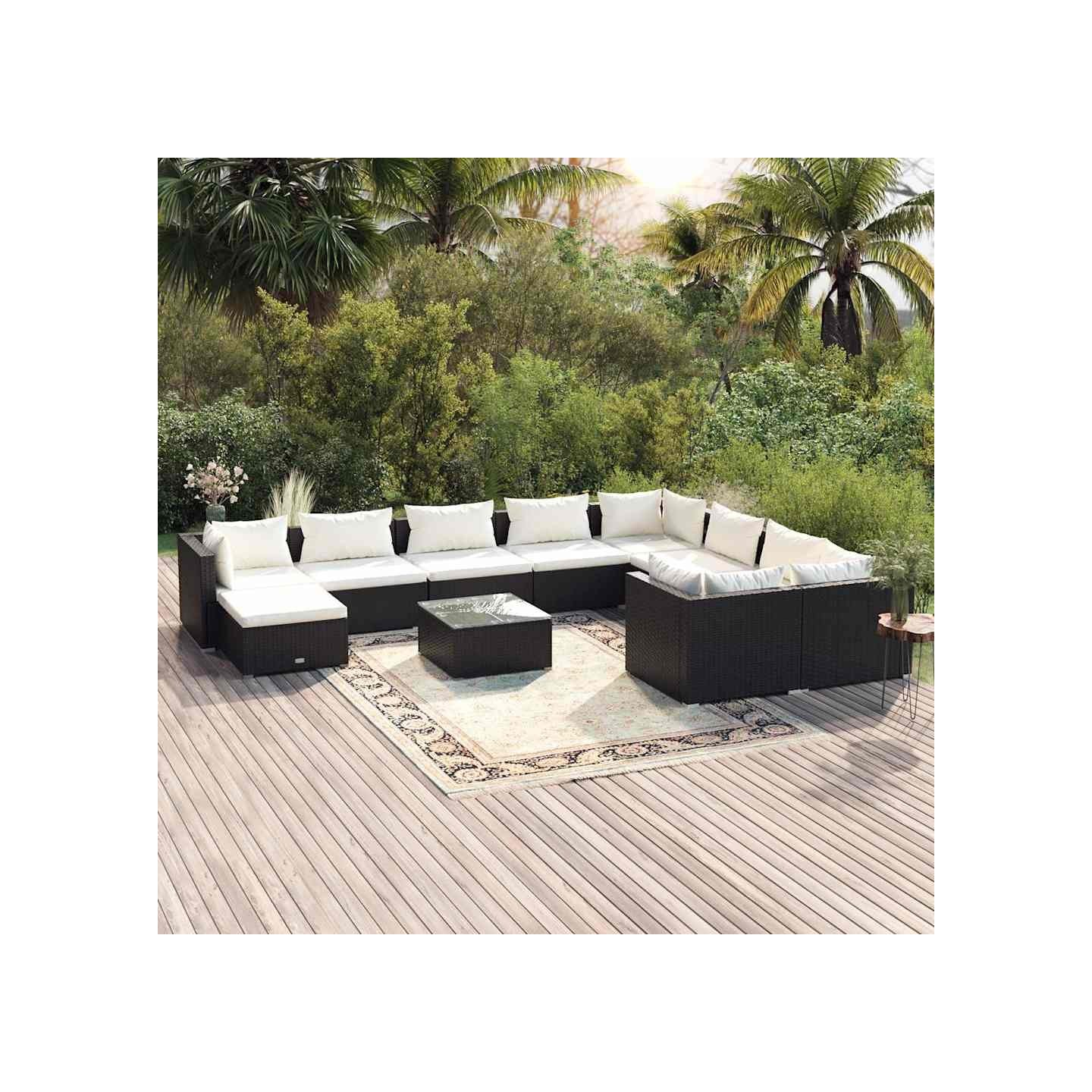 Salon de jardin 11 pcs avec coussins Résine tressée Noir