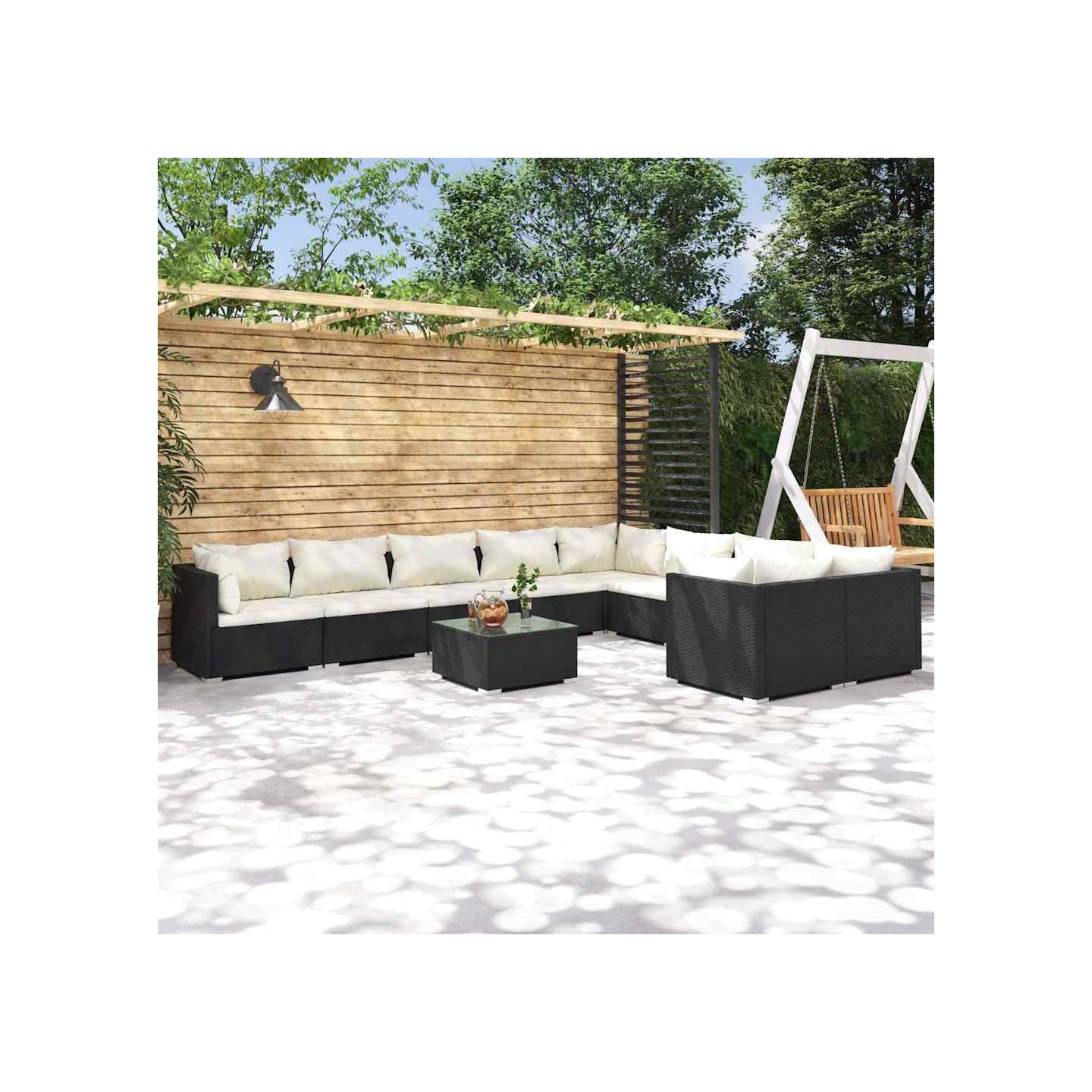 Salon de jardin 10 pcs avec coussins Résine tressée Noir