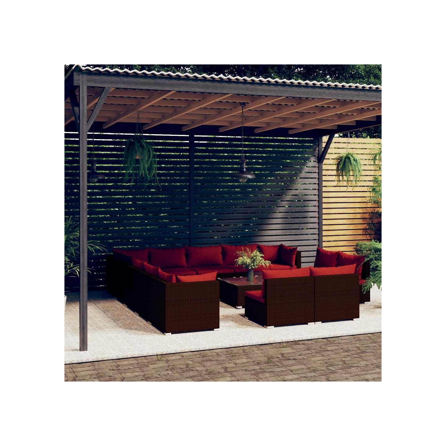 Salon de jardin 14 pcs avec coussins Marron Résine tressée