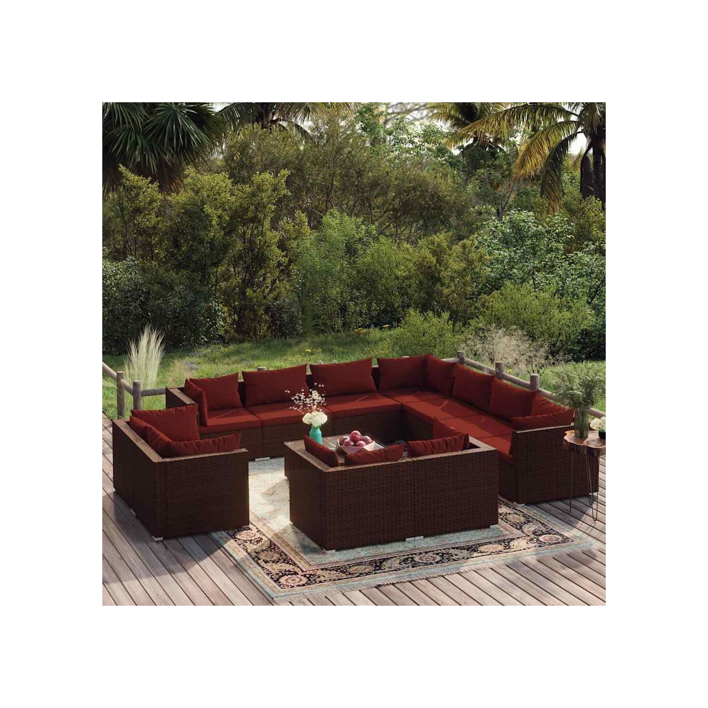 Salon de jardin 12 pcs avec coussins Marron Résine tressée