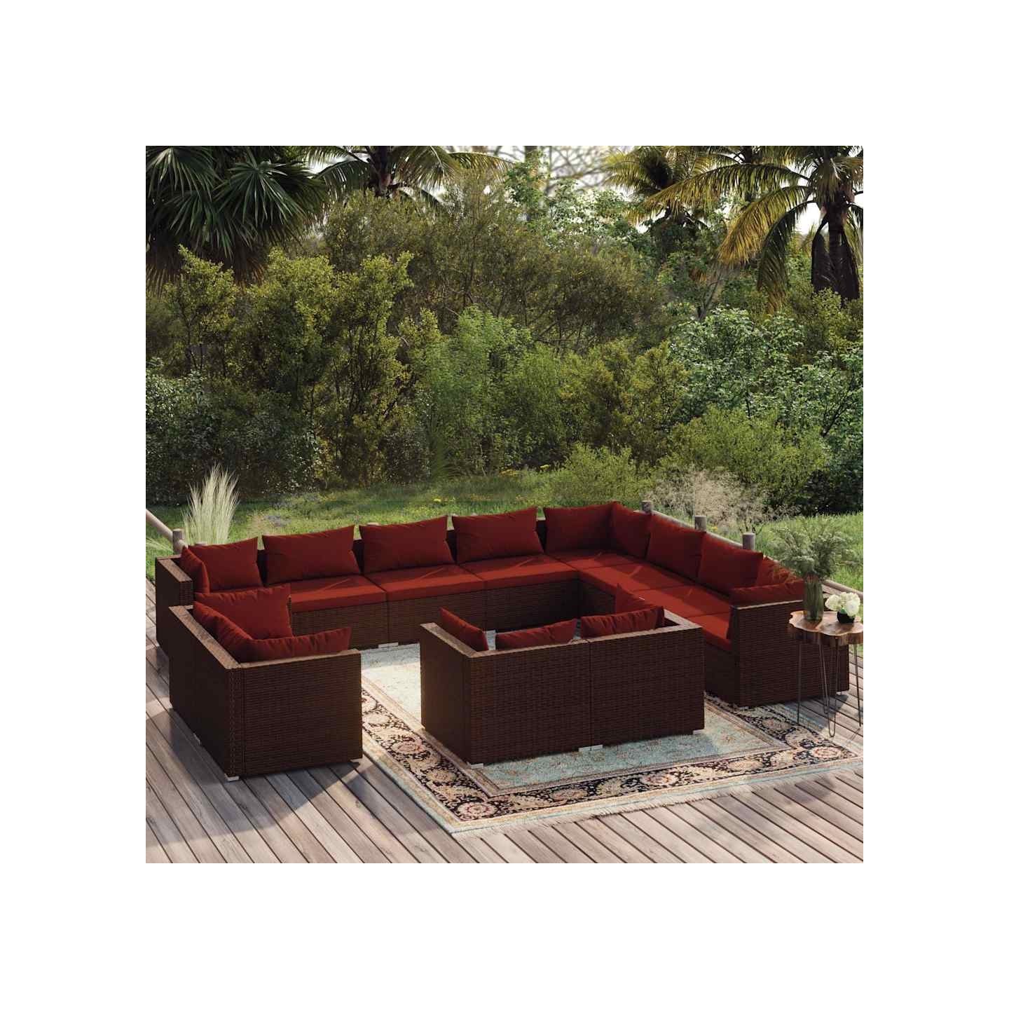 Salon de jardin 12 pcs avec coussins Marron Résine tressée