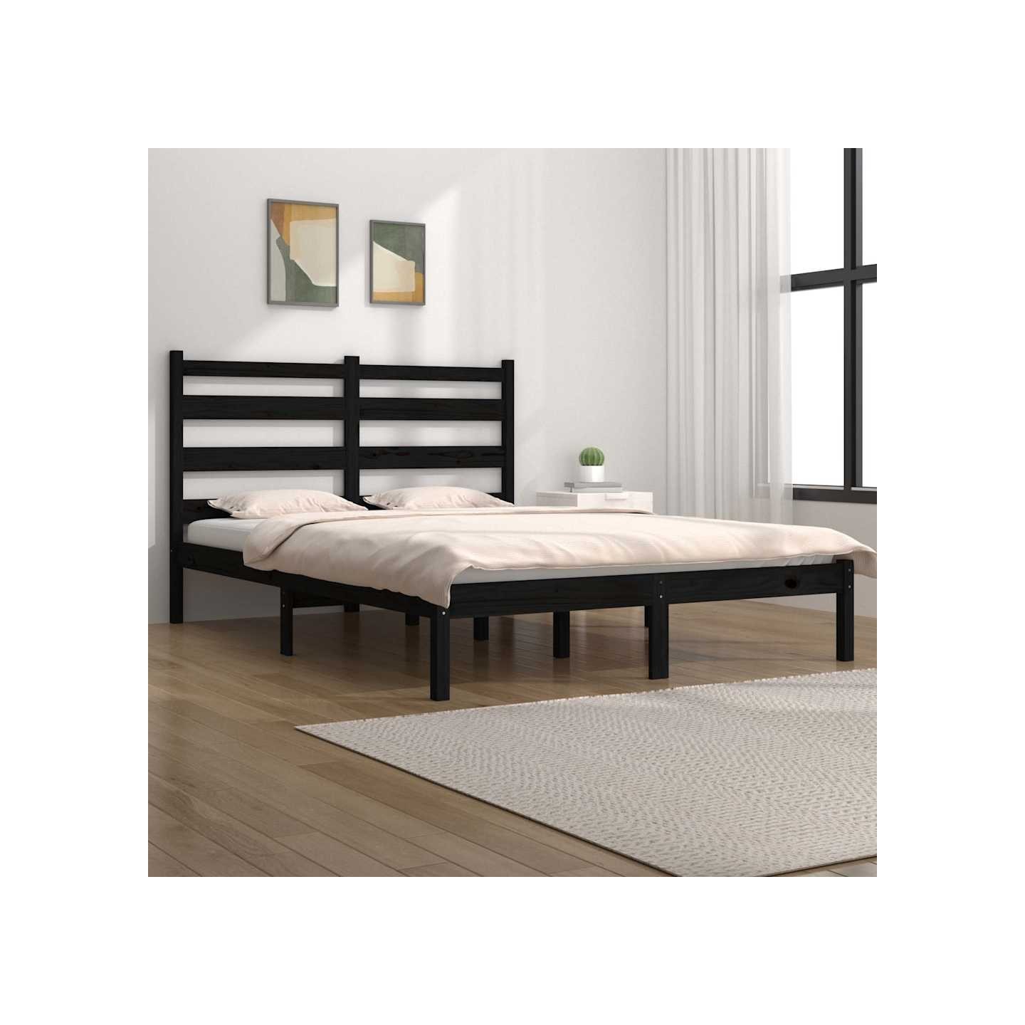 Cadre de lit sans matelas noir bois massif 140x190 cm