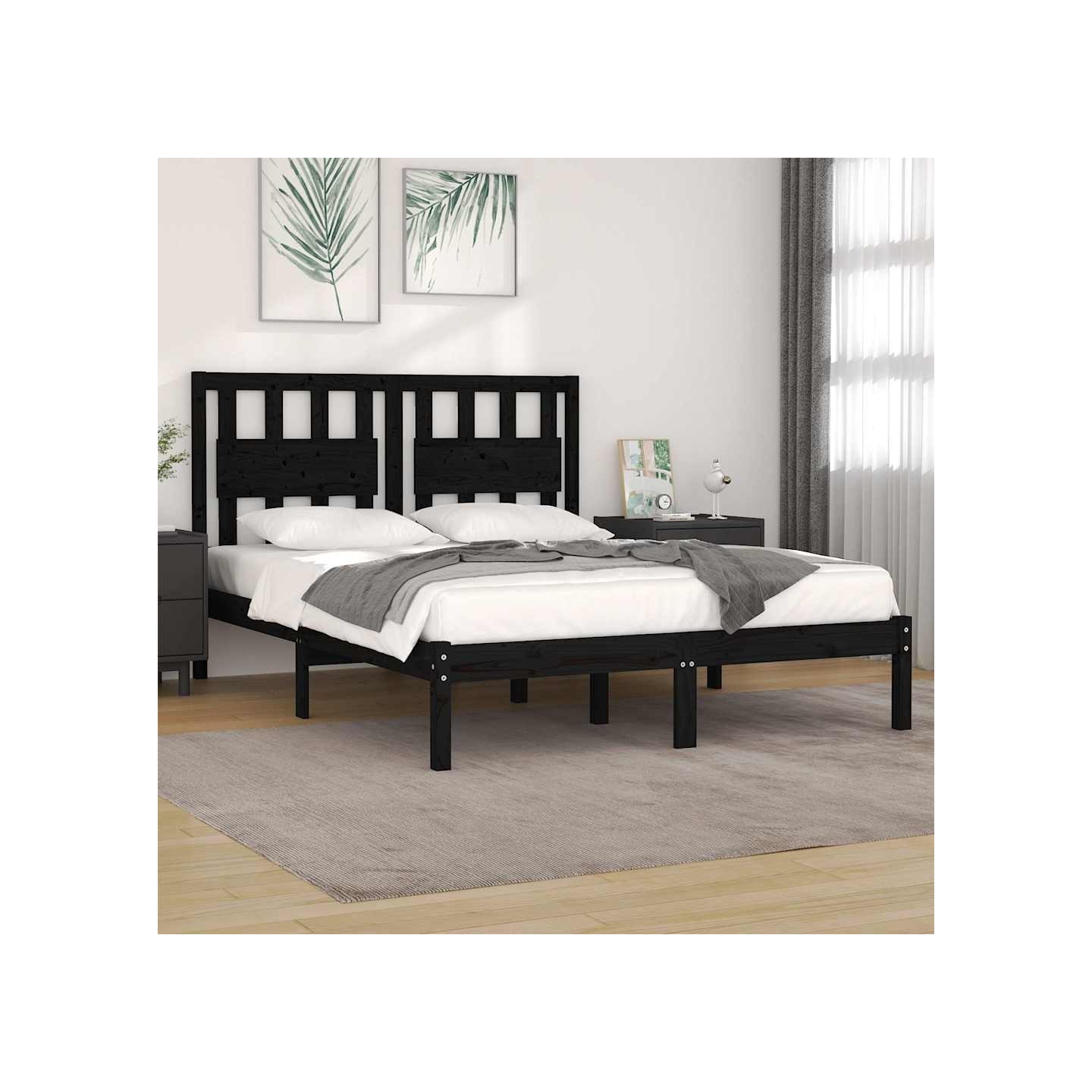 Cadre de lit sans matelas noir bois massif 140x190 cm