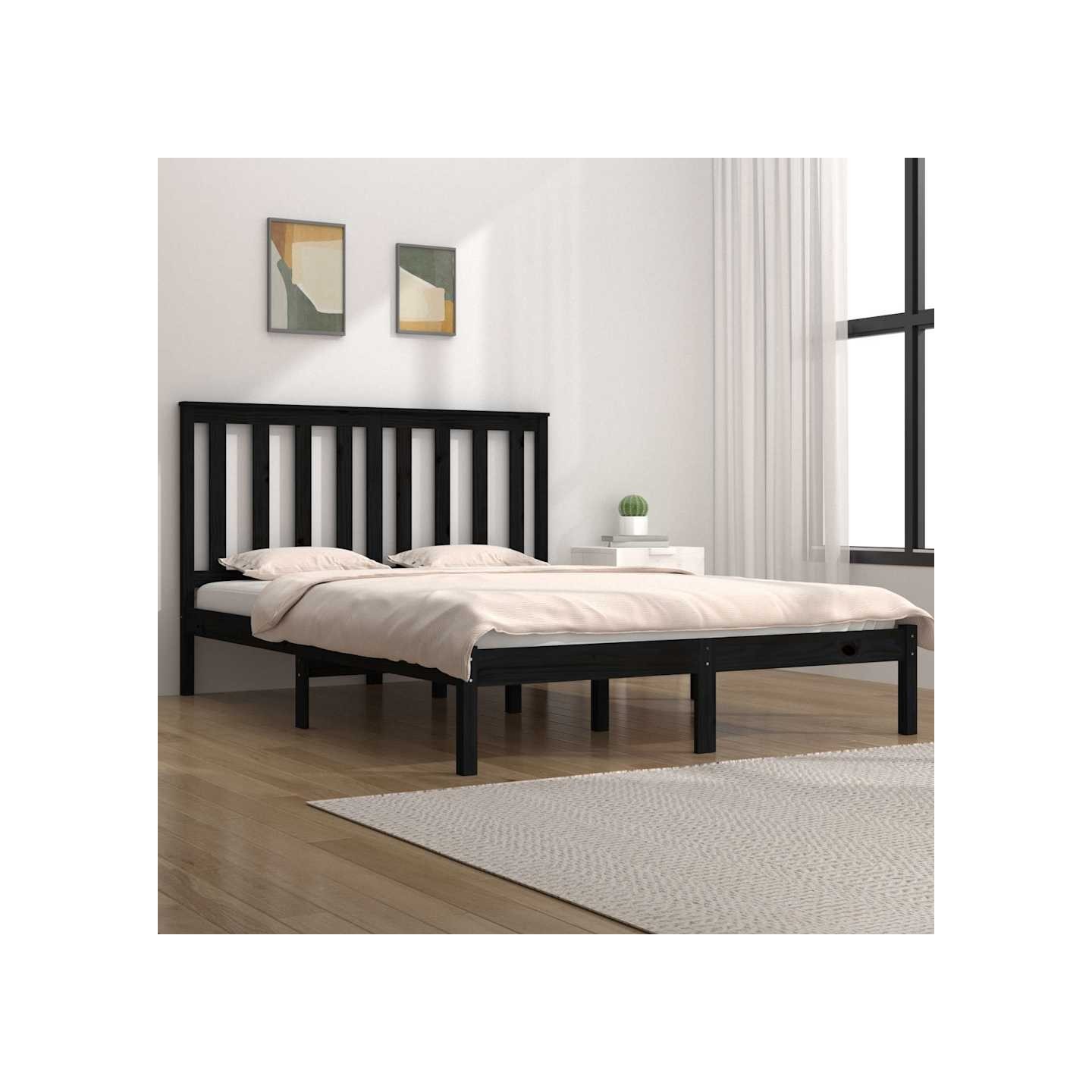 Cadre de lit sans matelas noir bois massif 140x190 cm