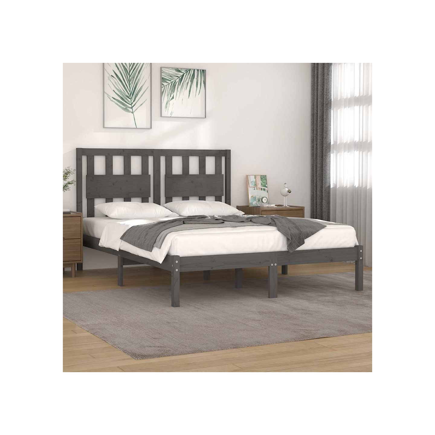 Cadre de lit sans matelas gris bois massif 200x200 cm