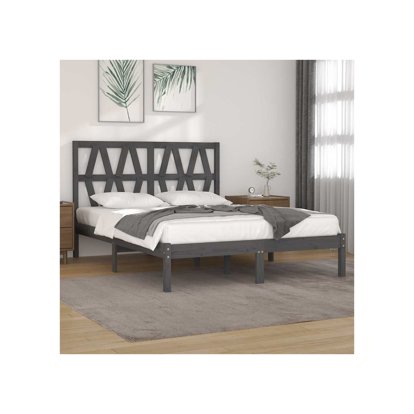 Cadre de lit sans matelas gris bois massif 200x200 cm