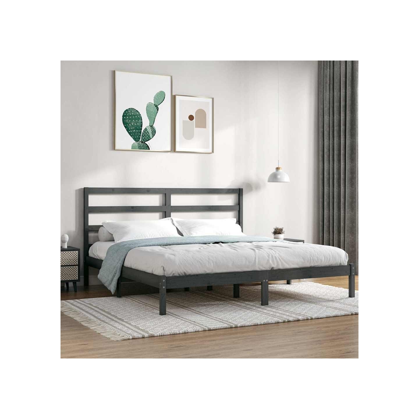 Cadre de lit sans matelas gris 200x200 cm bois massif de pin