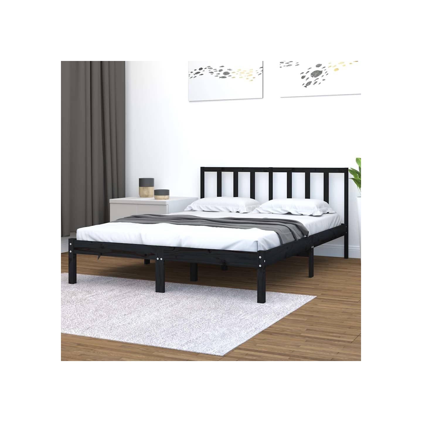 Cadre de lit sans matelas noir bois de pin massif 150x200 cm