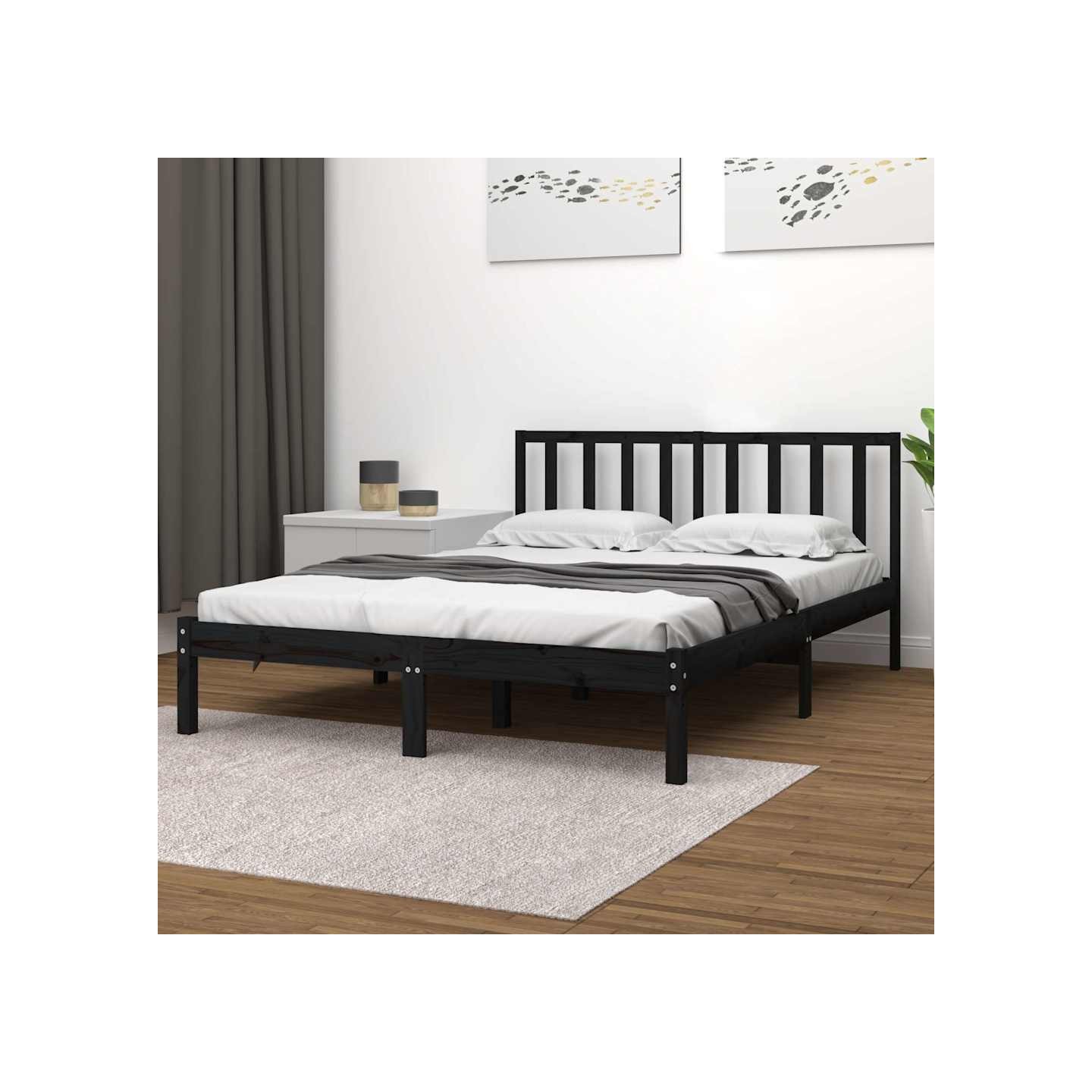 Cadre de lit sans matelas noir bois de pin massif