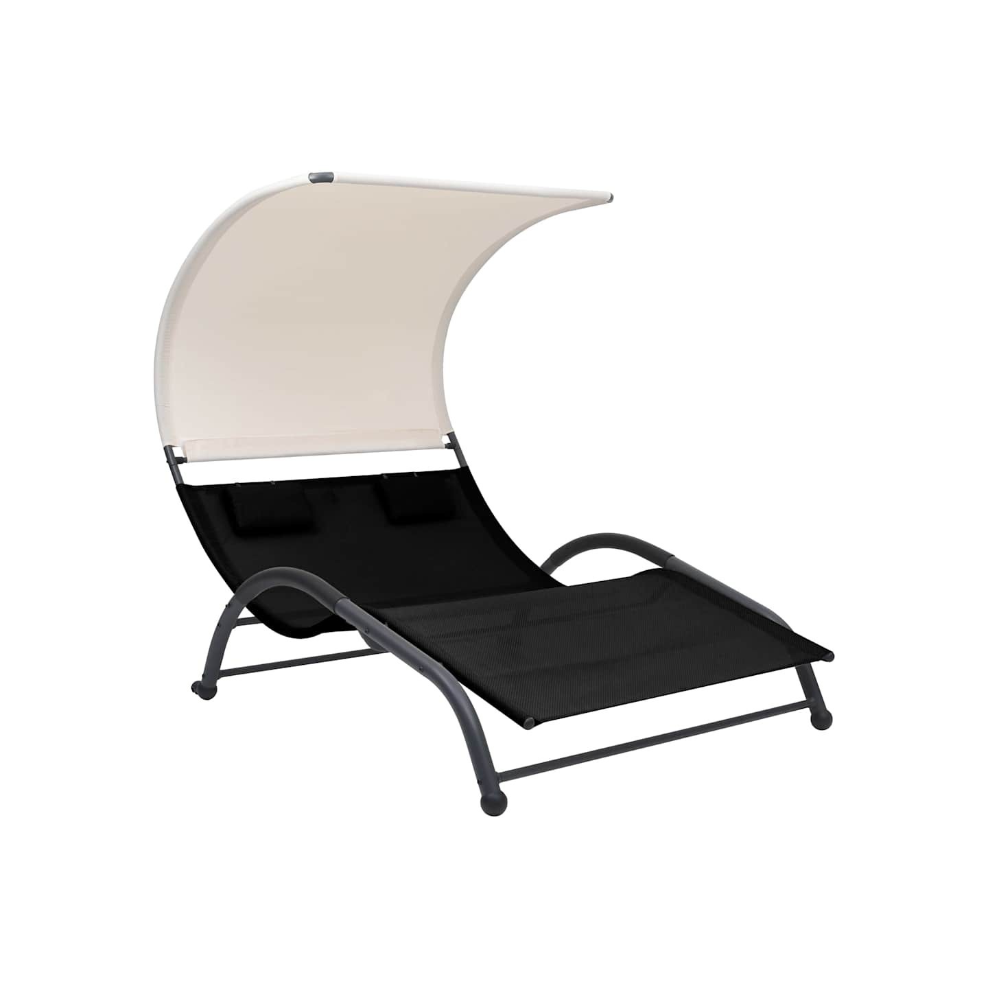 Chaise longue double avec auvent textilène noir