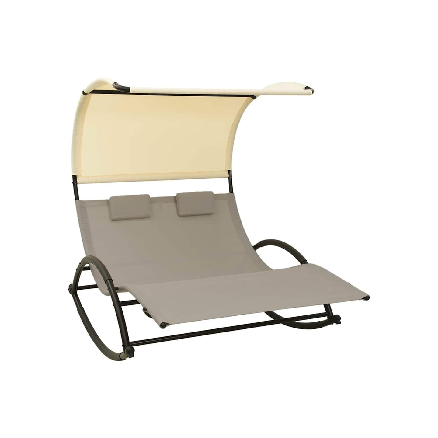 Chaise longue double avec auvent Textilène Taupe et crème