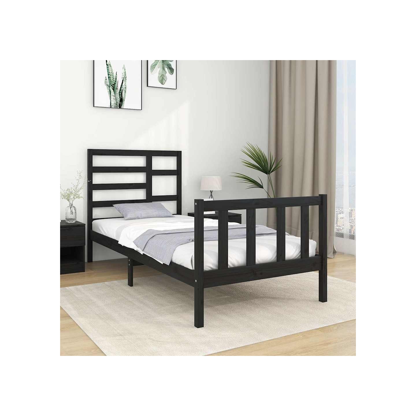 Cadre de lit sans matelas noir bois massif 75x190 cm