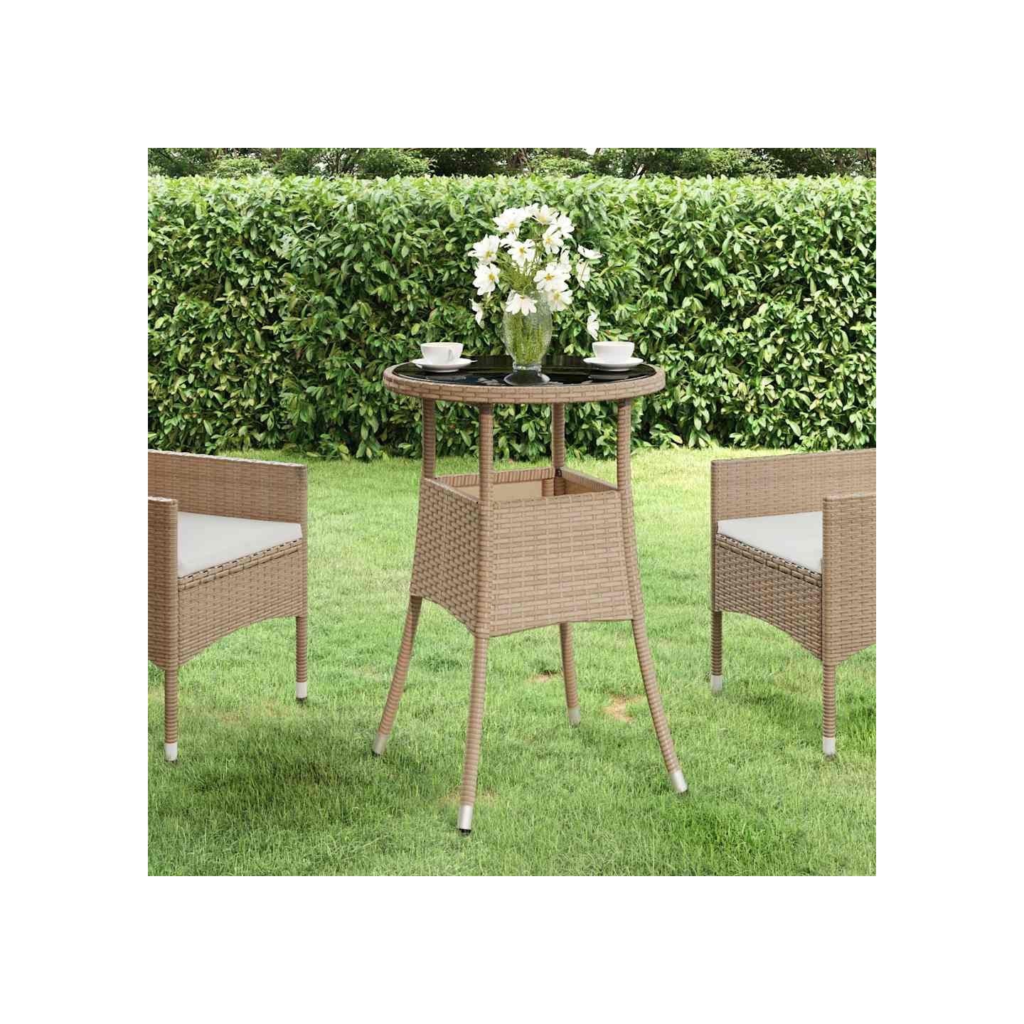 Table de jardin Ø60x75 cm Verre trempé/résine tressée Beige
