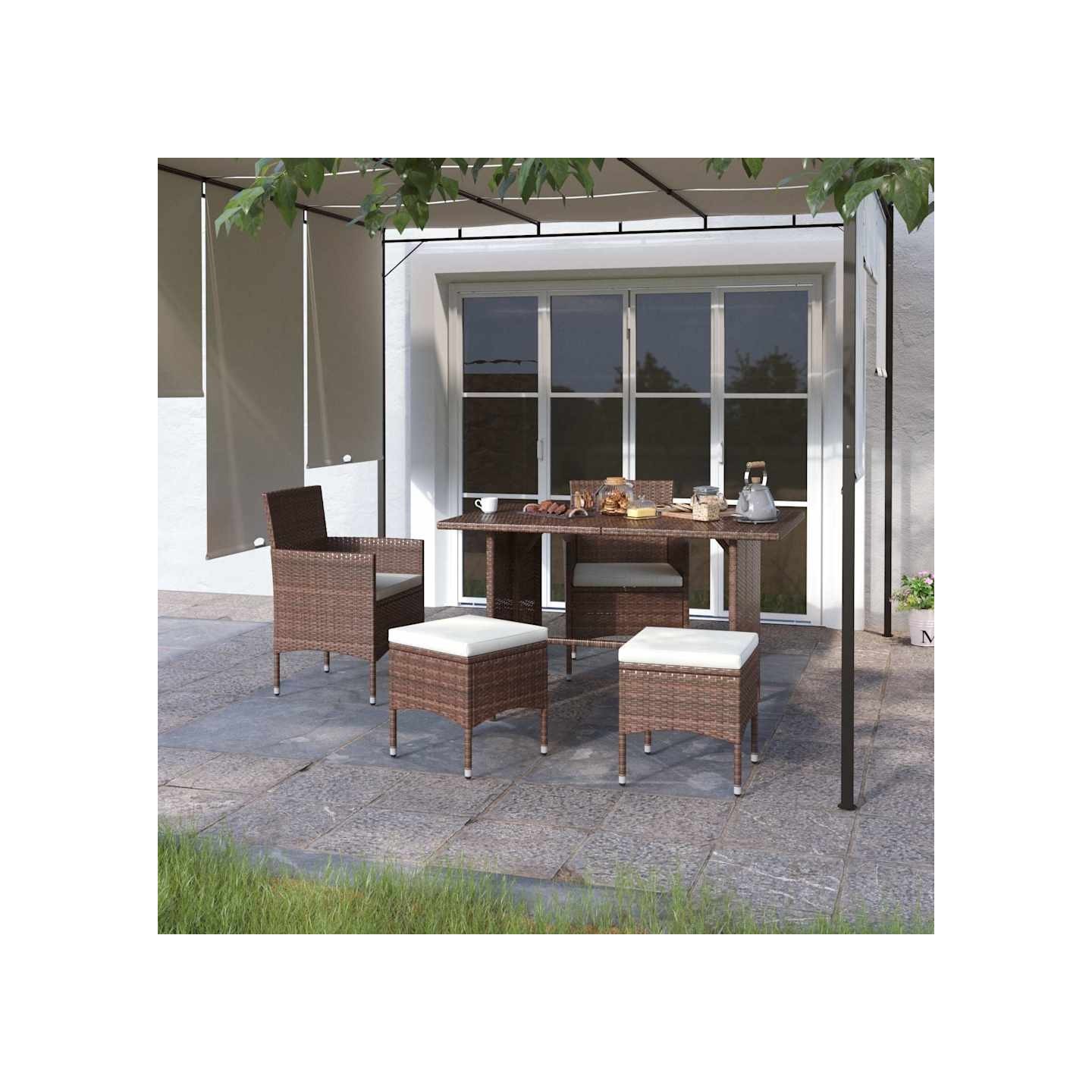Jeu de chaise et tabouret de jardin 4 pcs Résine tressée Marron