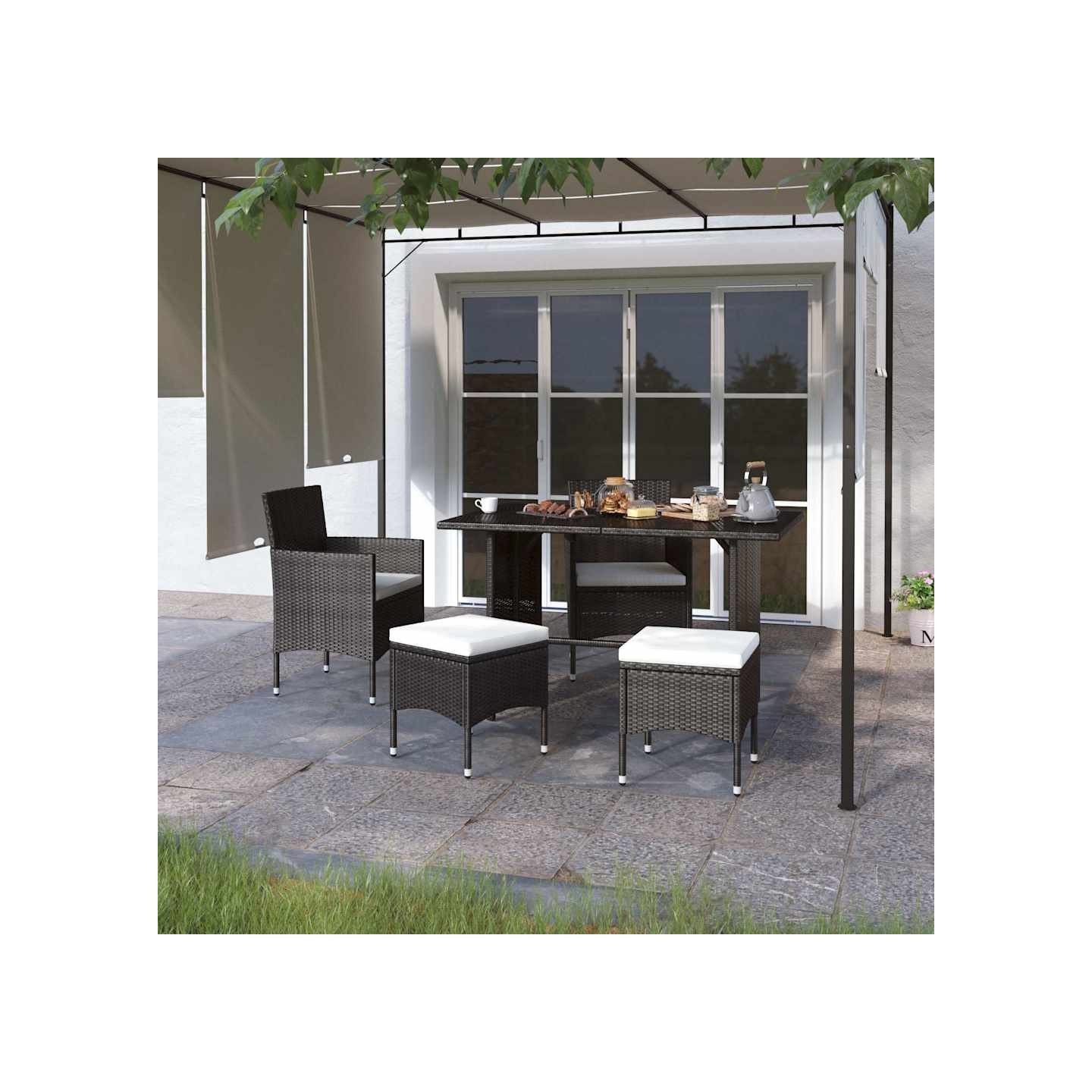 Jeu de chaise et tabouret de jardin 4 pcs Résine tressée Noir