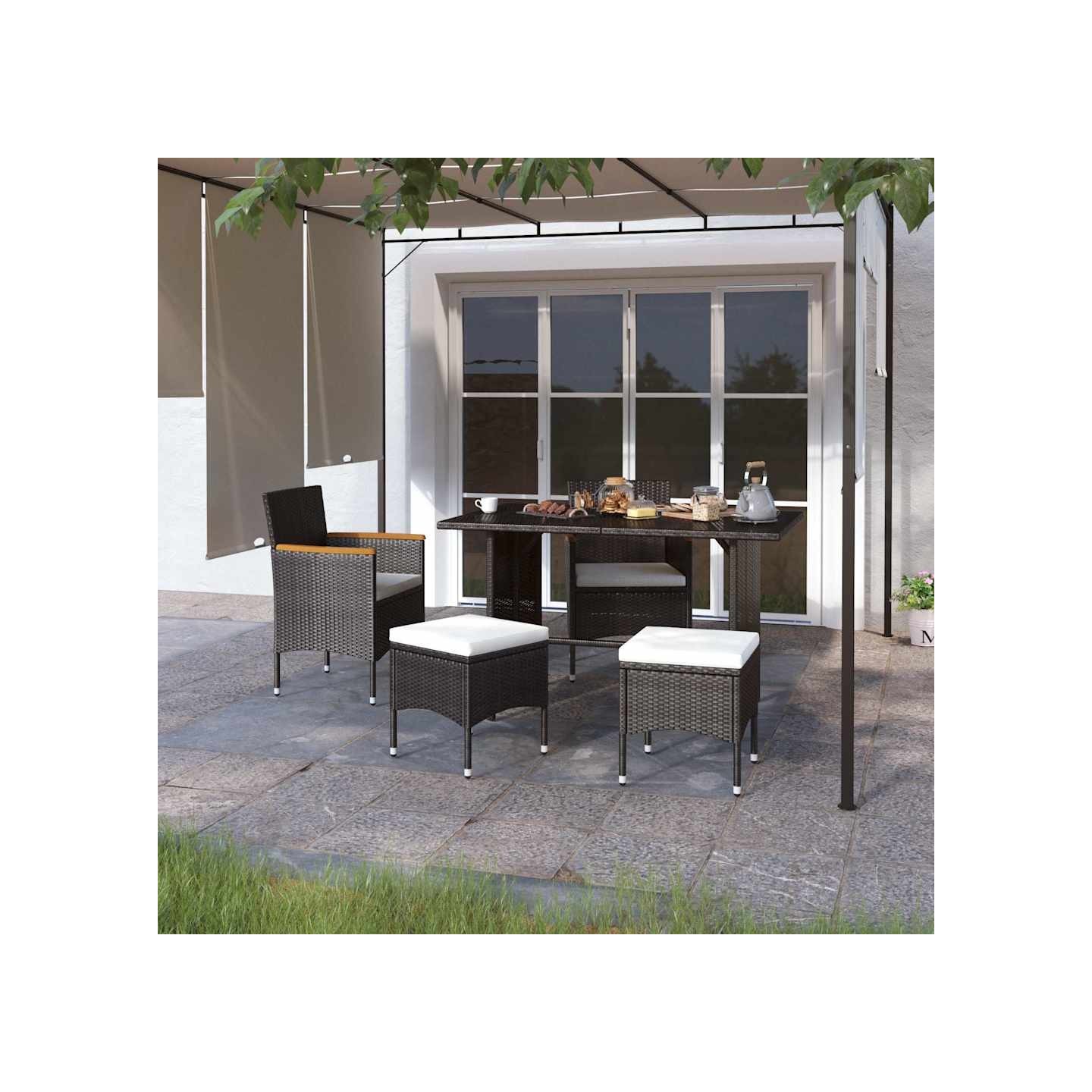 Jeu de chaise et tabouret de jardin 4 pcs Résine tressée Noir