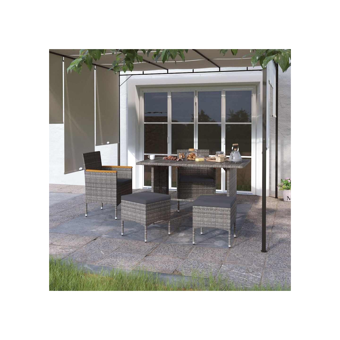 Jeu de chaise et tabouret de jardin 4 pcs Résine tressée Gris