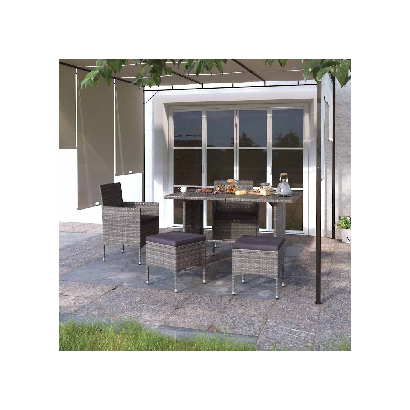 Jeu de chaise et tabouret de jardin 4 pcs Résine tressée Gris