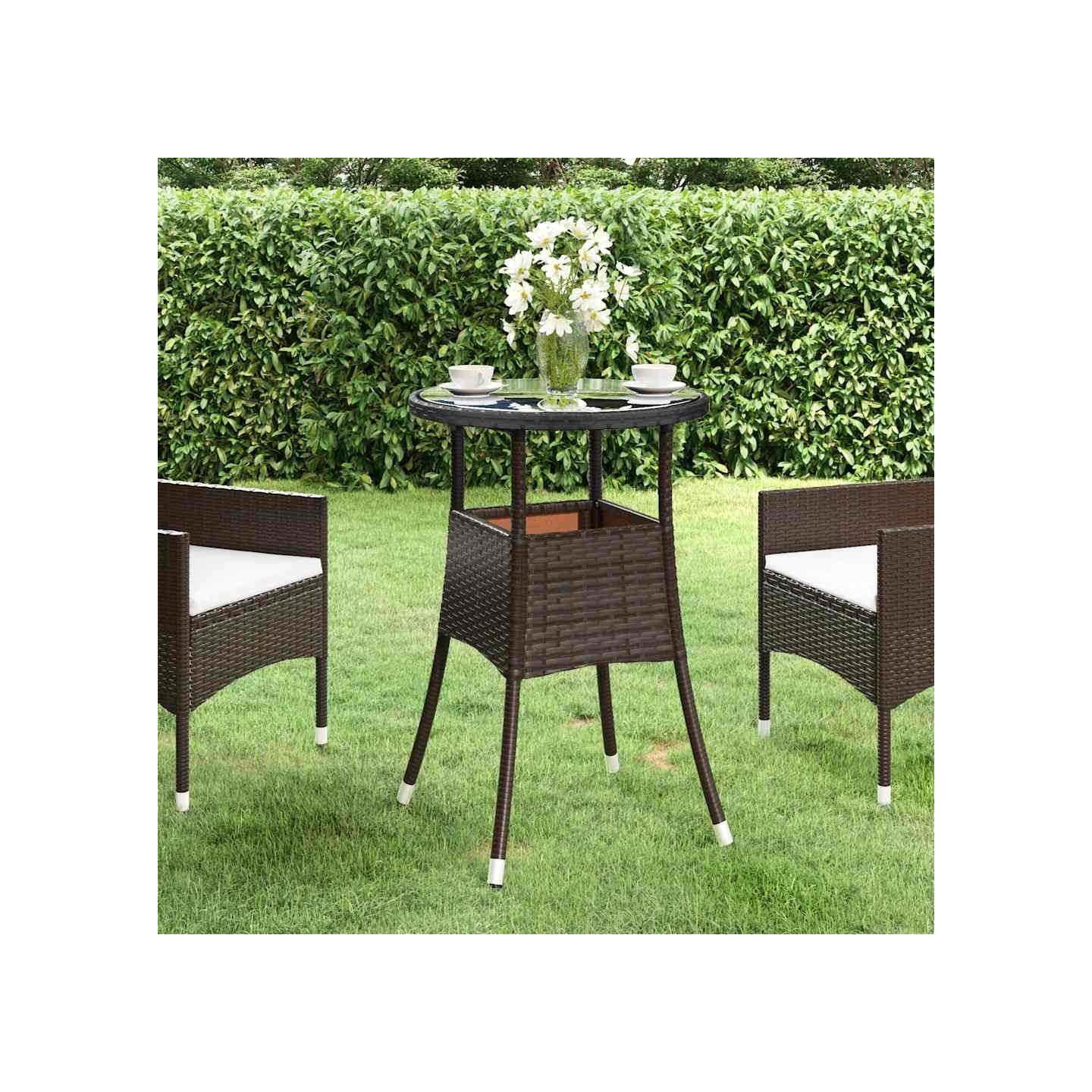 Table de jardin Ø60x75 cm Verre trempé/résine tressée Marron