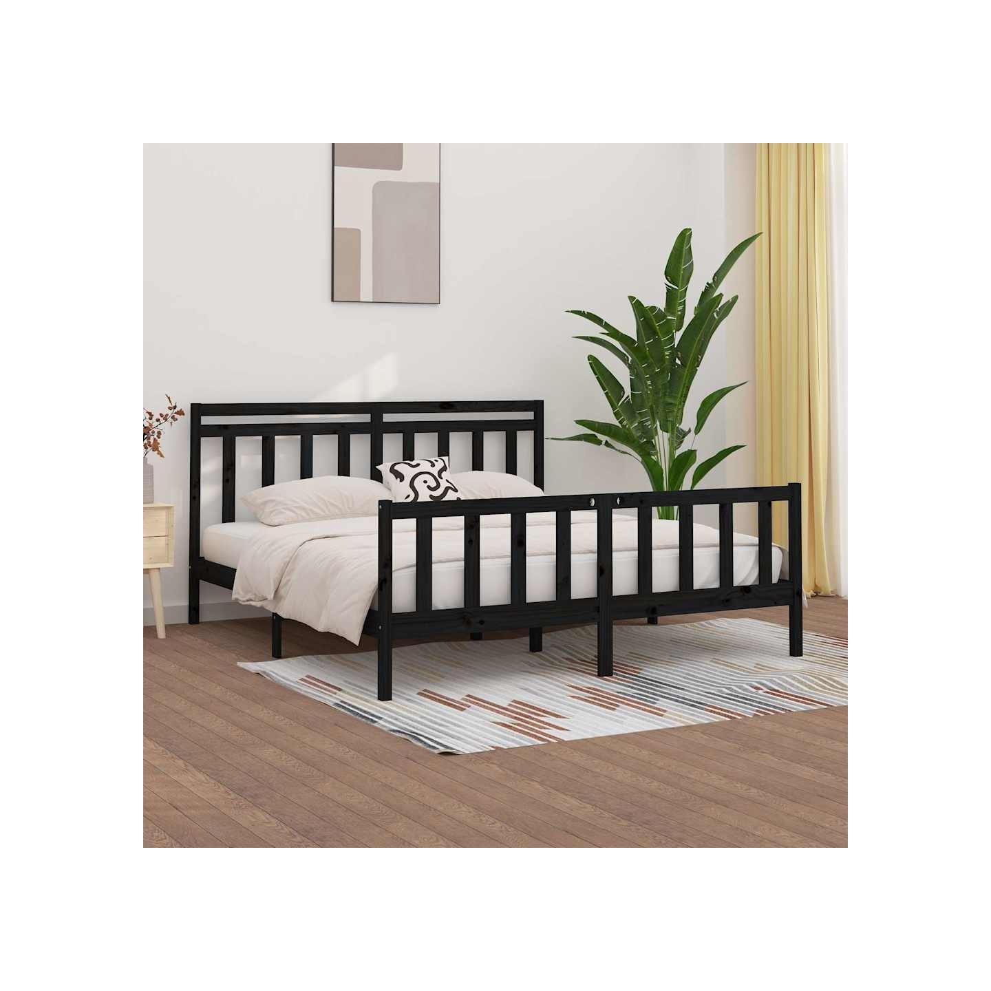 Cadre de lit sans matelas noir bois massif de pin 200x200 cm