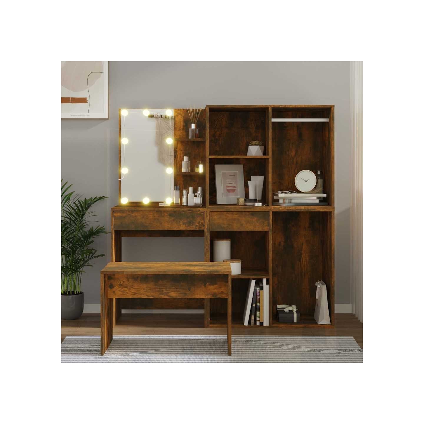 Ensemble de coiffeuse avec LED Chêne fumé Bois d'ingénierie