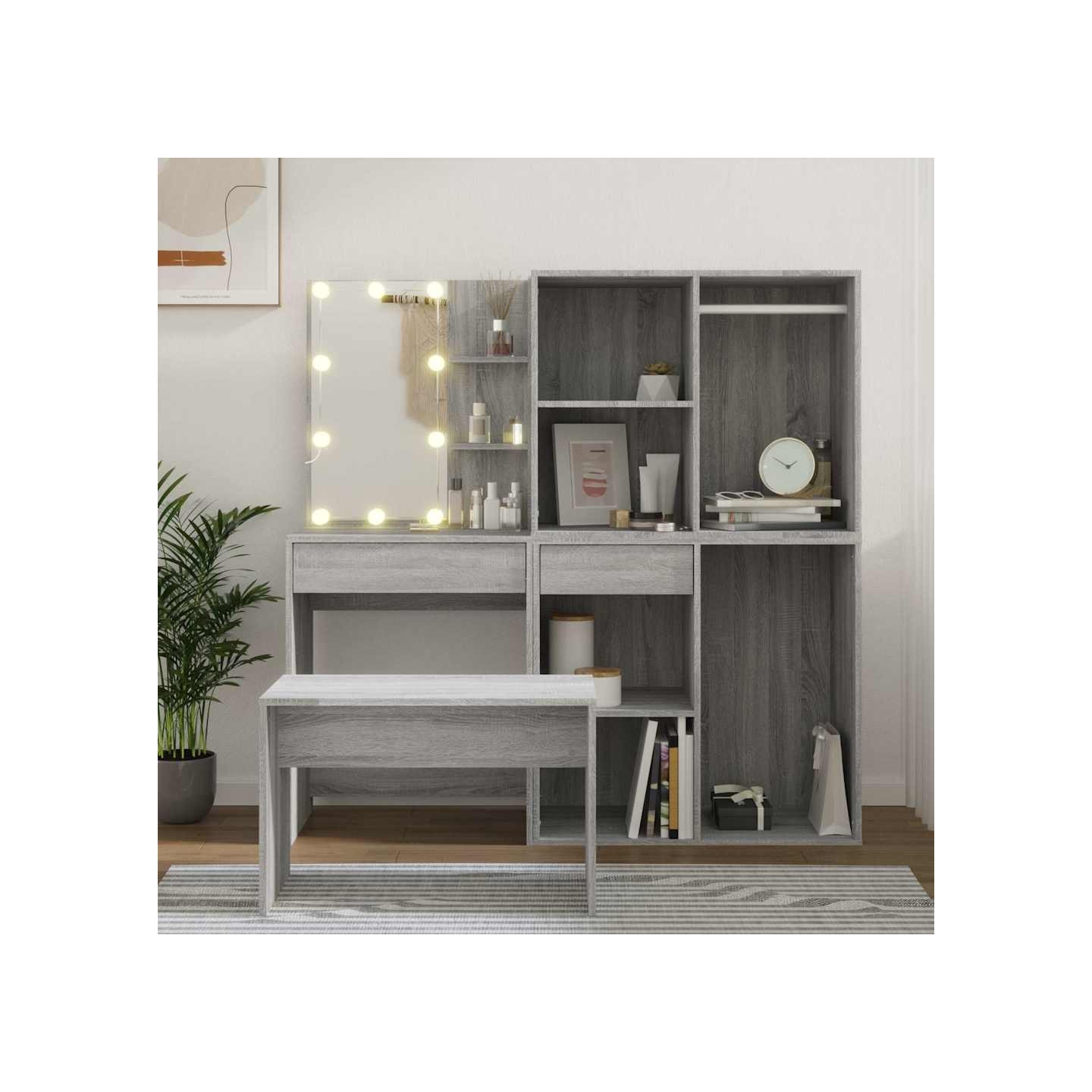 Ensemble de coiffeuse avec LED Sonoma gris Bois d'ingénierie