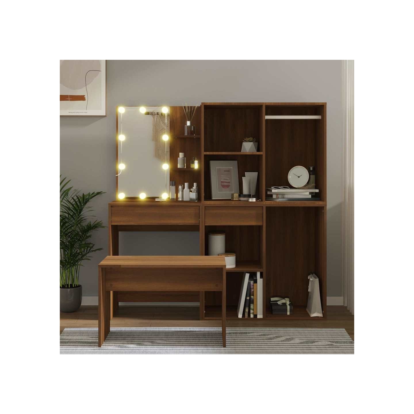 Ensemble de coiffeuse avec LED Chêne marron Bois d'ingénierie