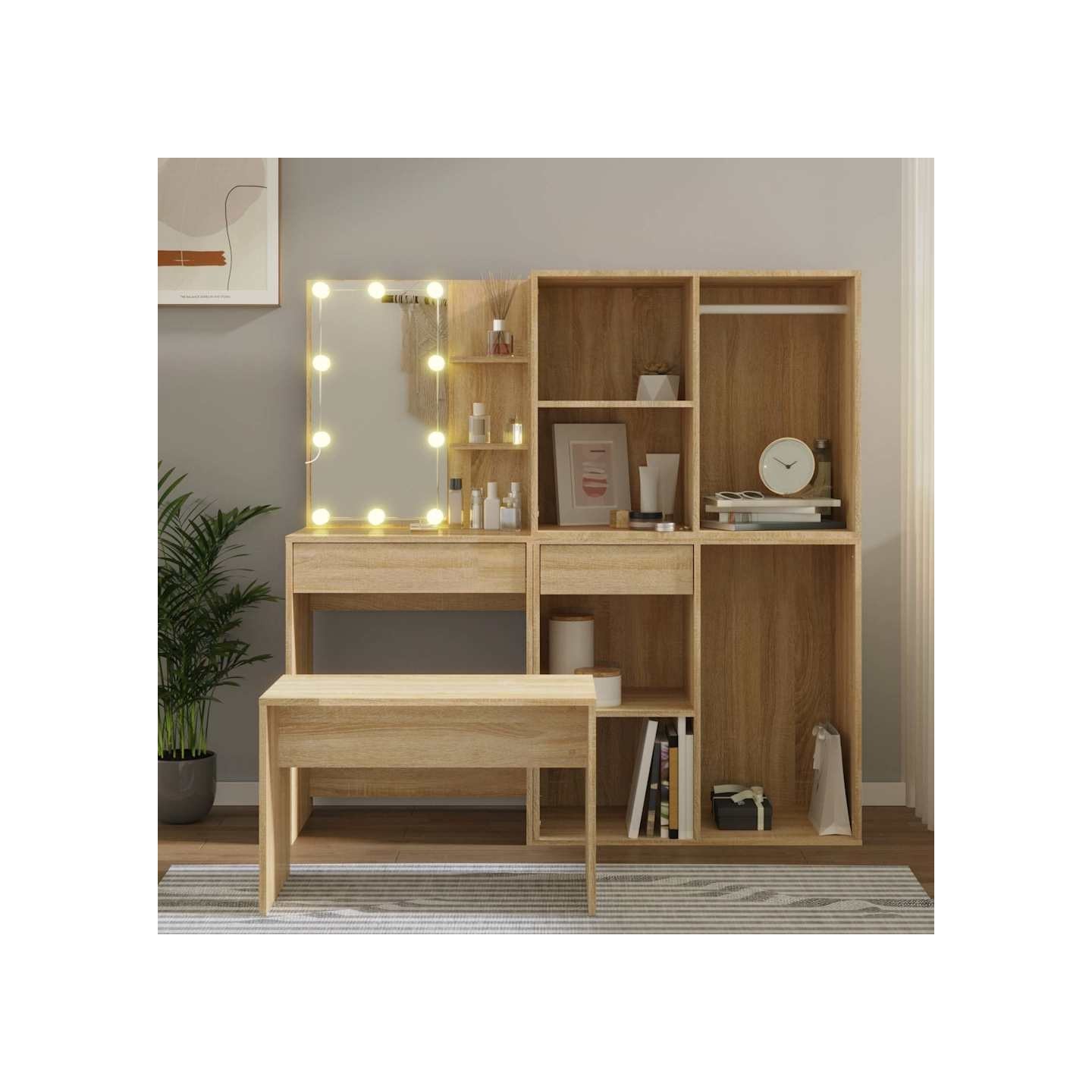 Ensemble de coiffeuse avec LED Chêne Sonoma Bois d'ingénierie