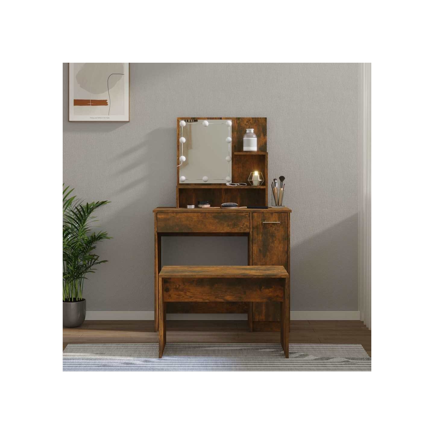 Ensemble de coiffeuse avec LED Chêne fumé Bois d'ingénierie
