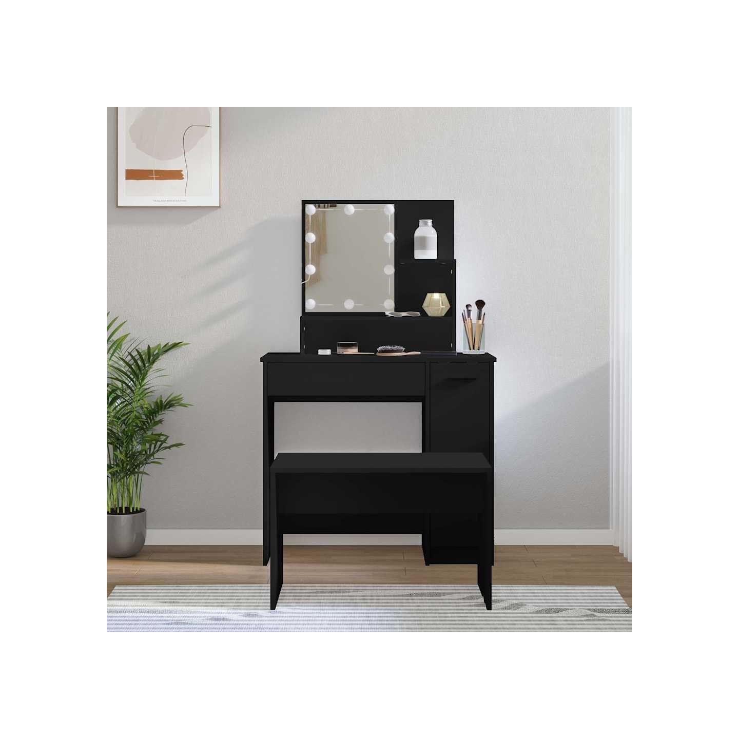 Ensemble de coiffeuse avec LED Noir Bois d'ingénierie