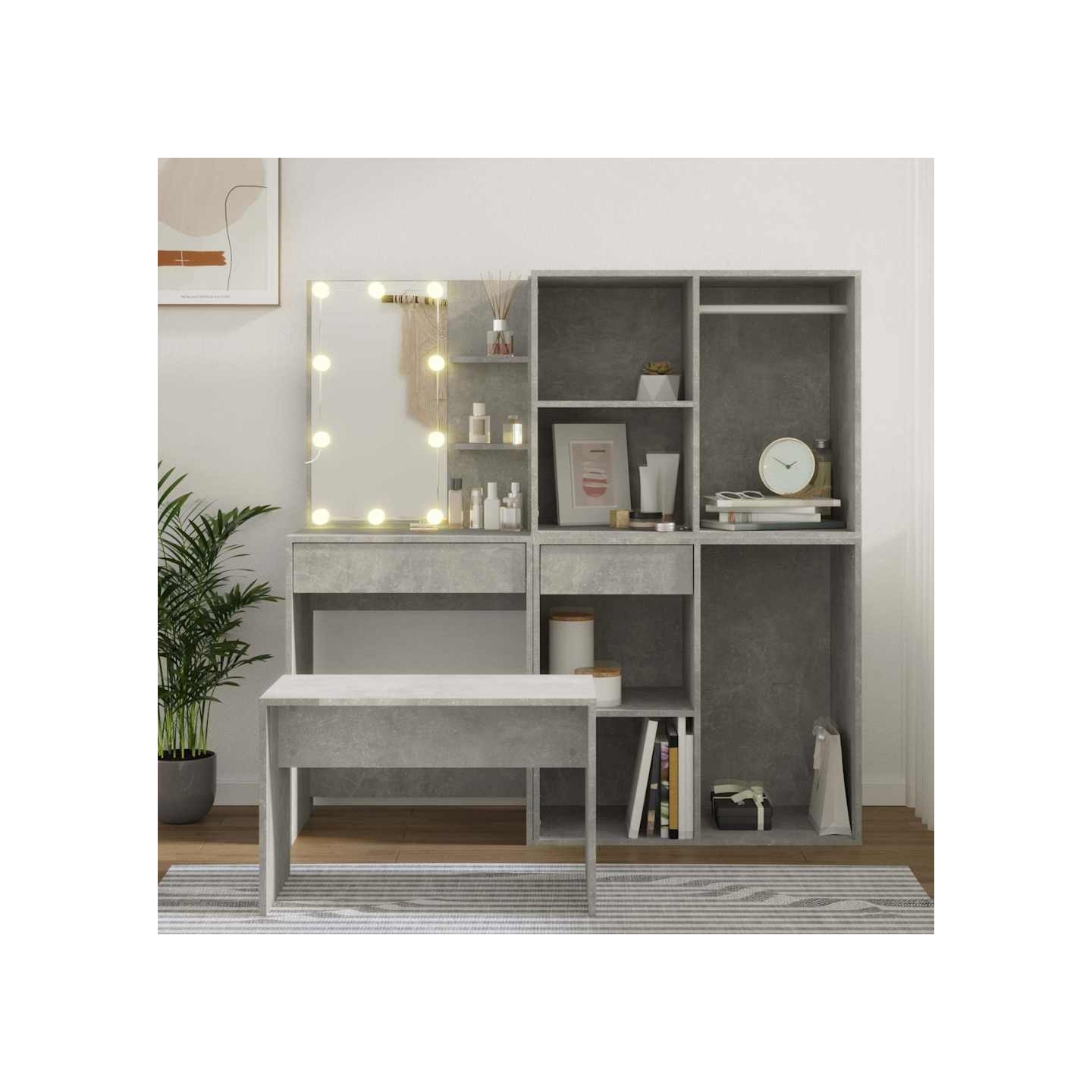 Ensemble de coiffeuse avec LED Gris béton Bois d'ingénierie