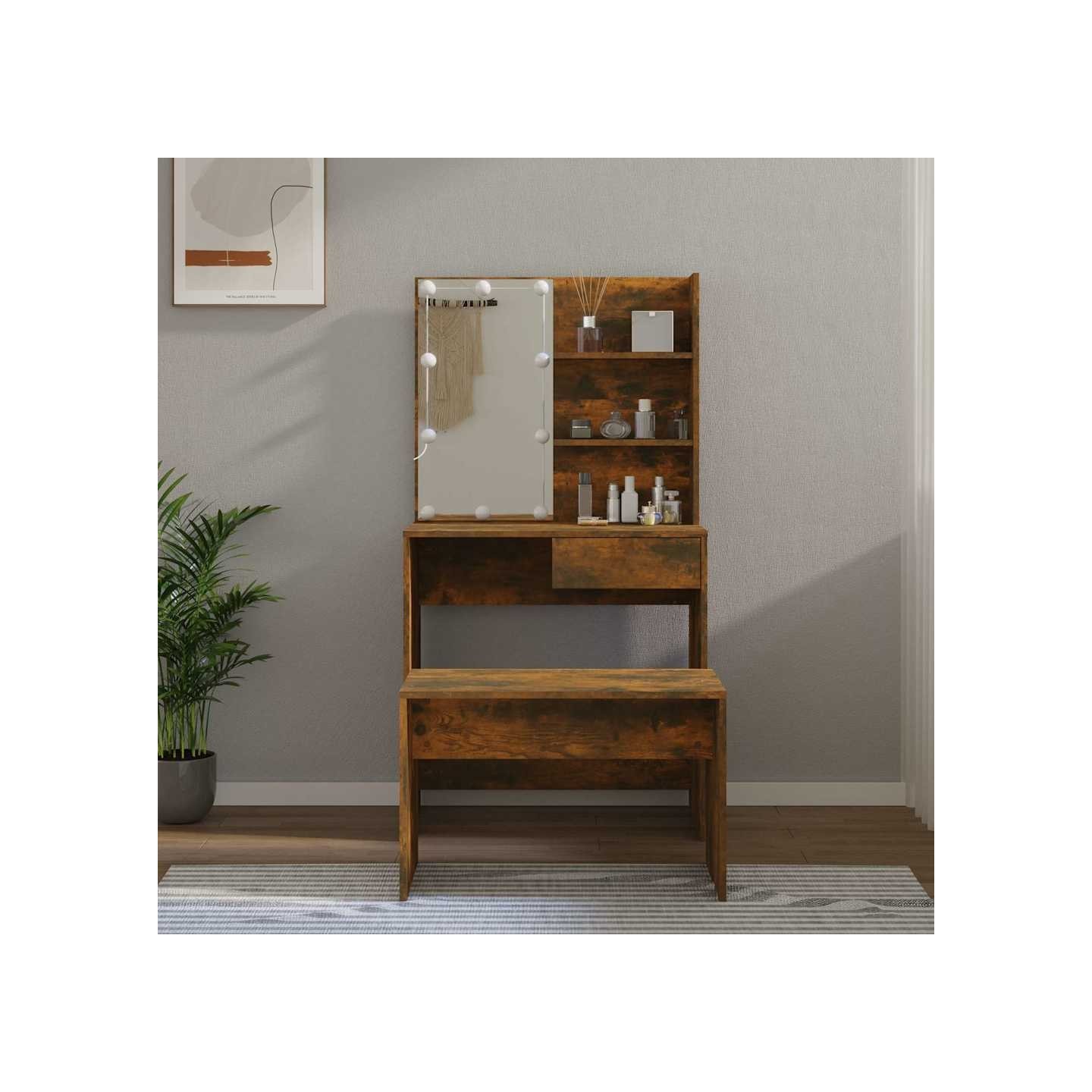 Ensemble de coiffeuse avec LED Chêne fumé Bois d'ingénierie