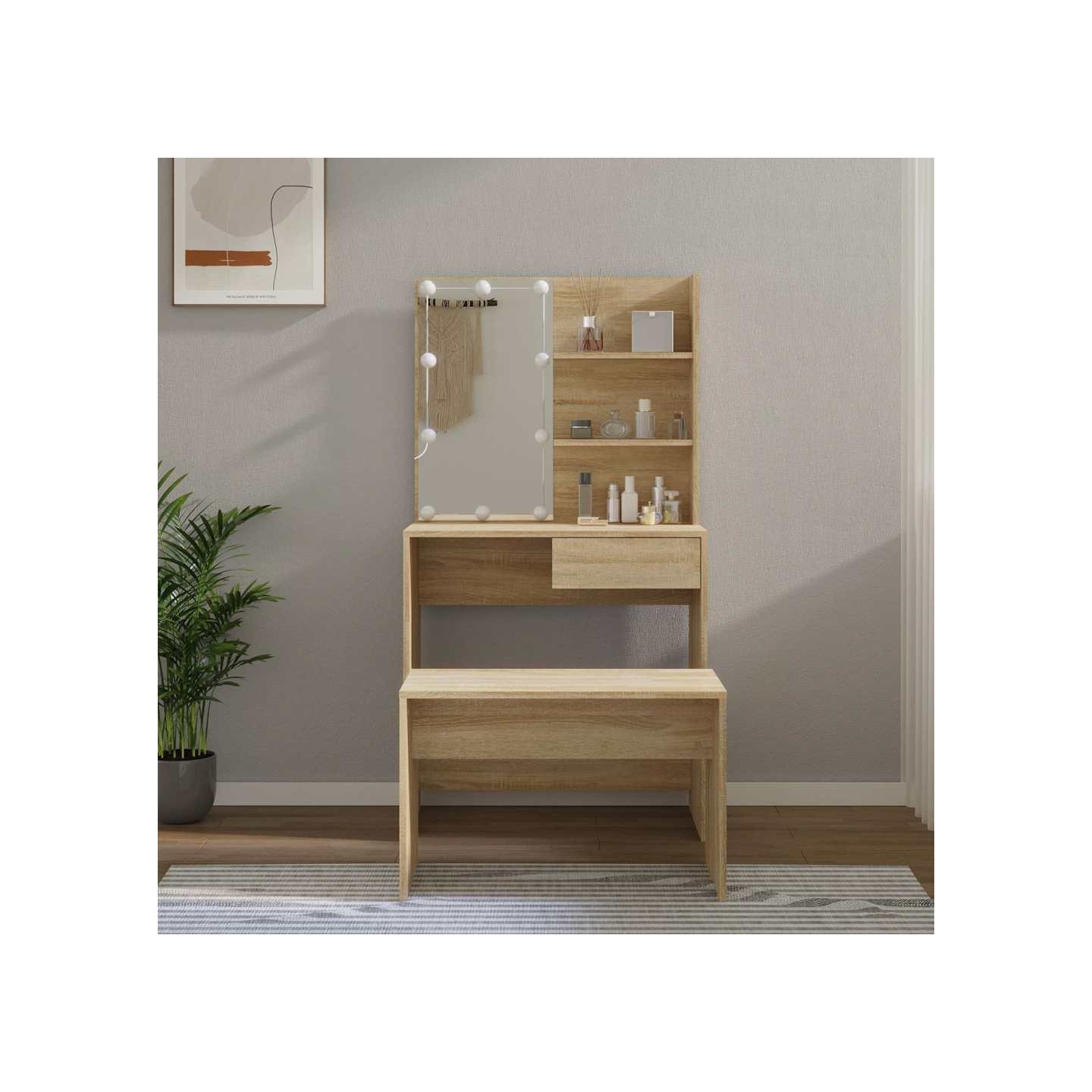 Ensemble de coiffeuse avec LED Chêne Sonoma Bois d'ingénierie