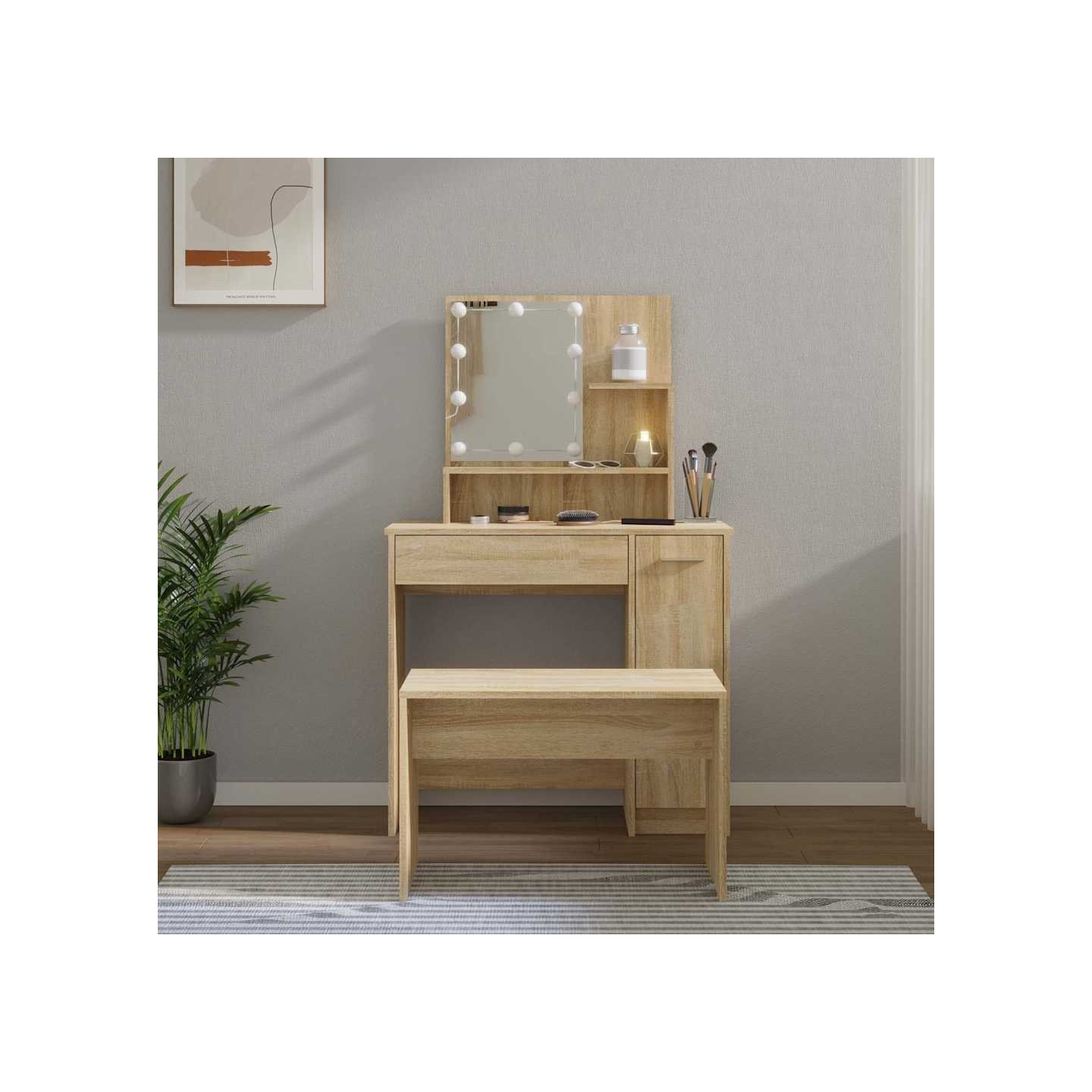 Ensemble de coiffeuse avec LED Chêne sonoma Bois d'ingénierie